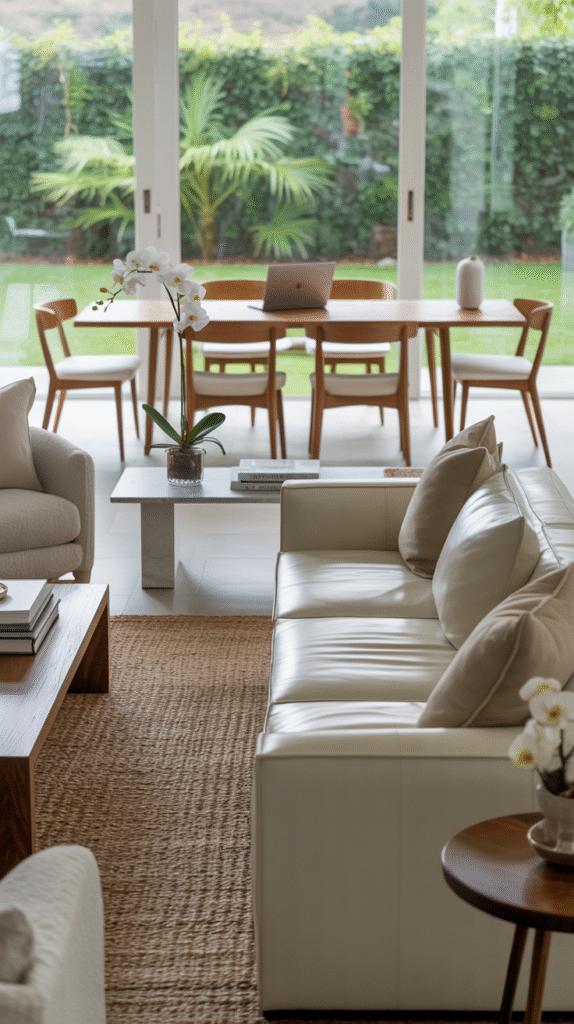 Open floor plan living room visually zoned off from the dining area using a rug and console table