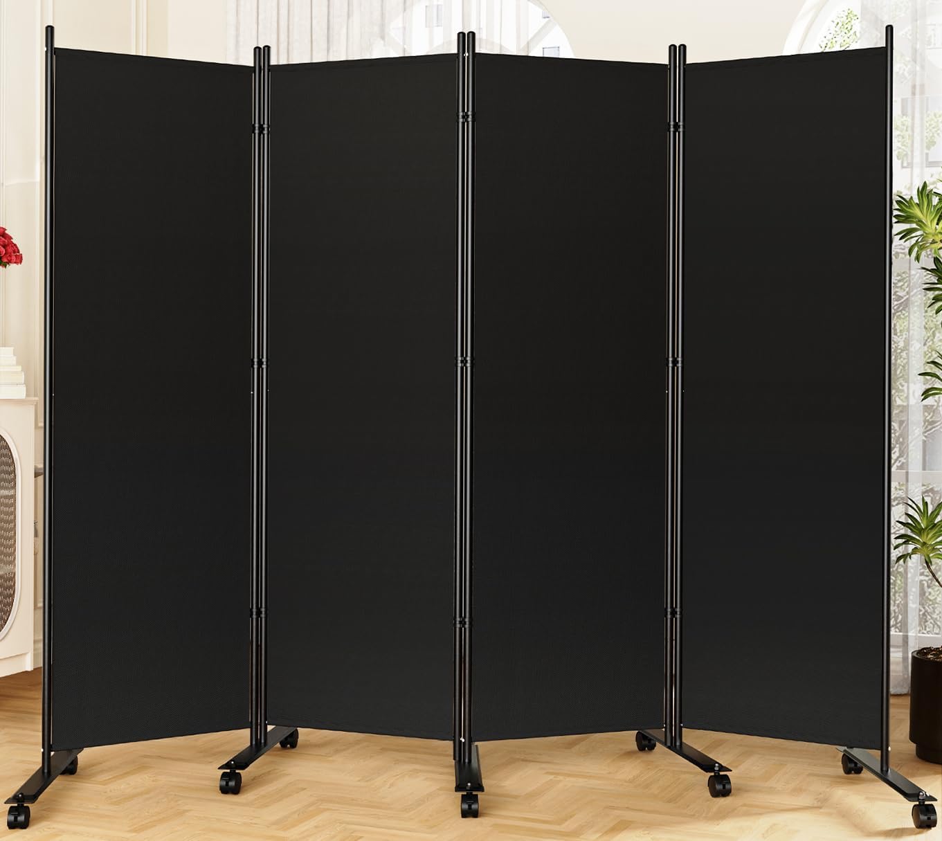 SUNALLY Room Divider Privacy Screen, 4 Panels with Wheels, Black