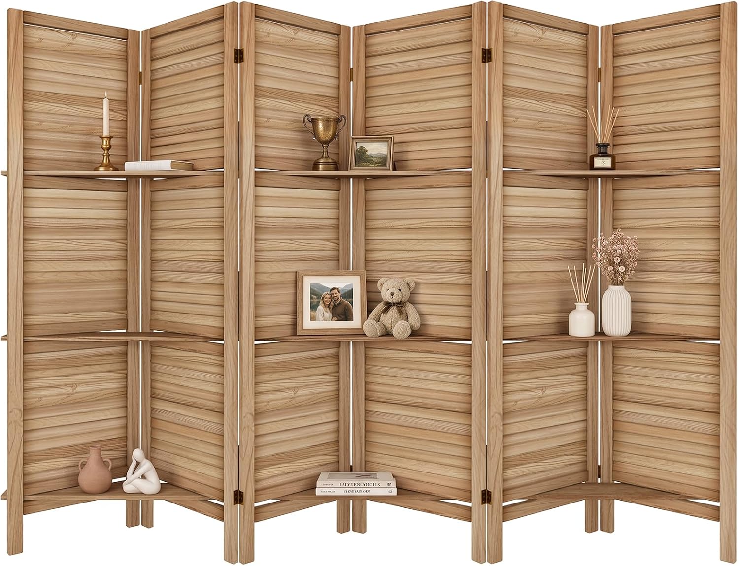 TEAKMAMA Folding Room Divider with Shelves, 6 Panel Screen, Natural