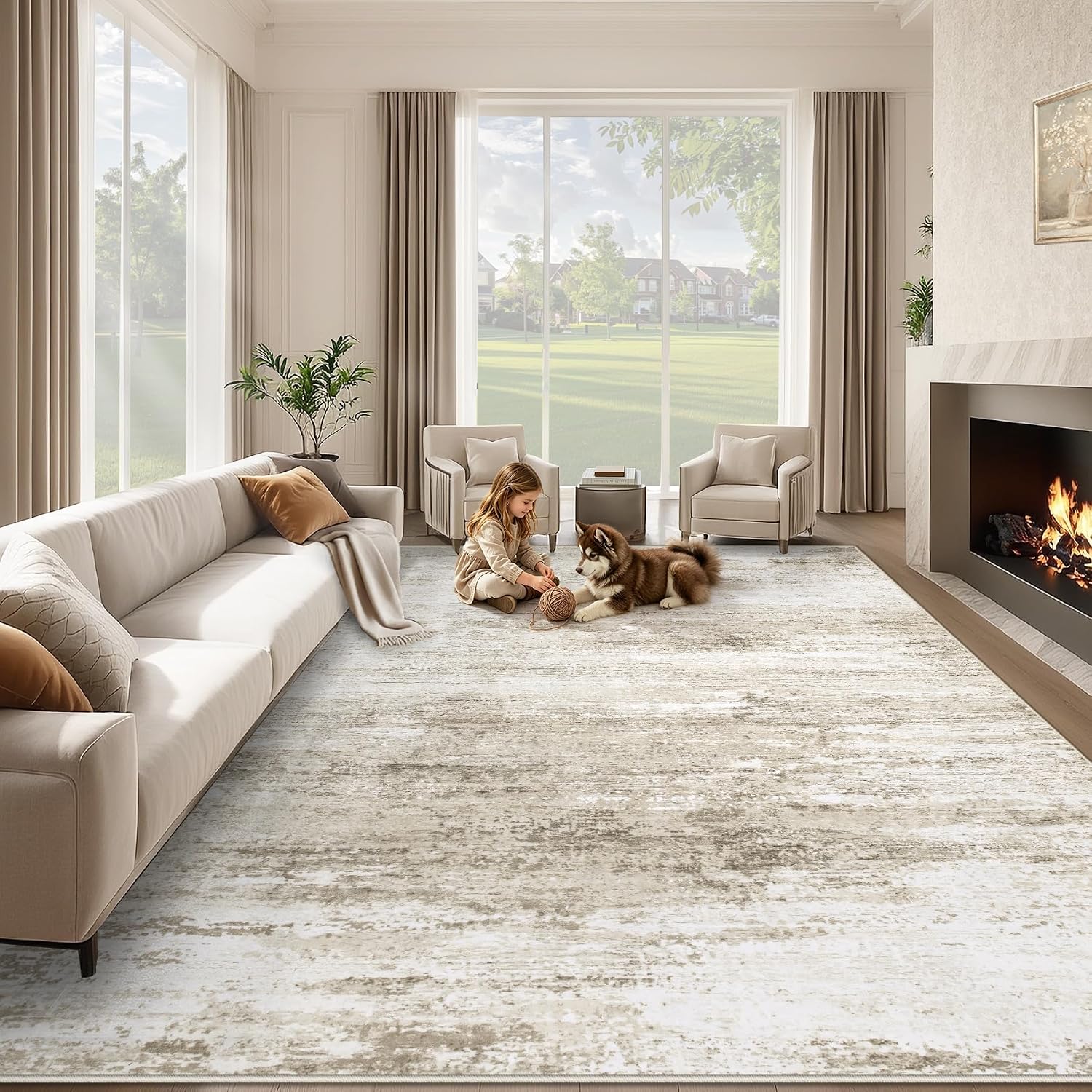 Washable Rug 8x10, Large Neutral Soft Abstract Modern Carpet, Beige