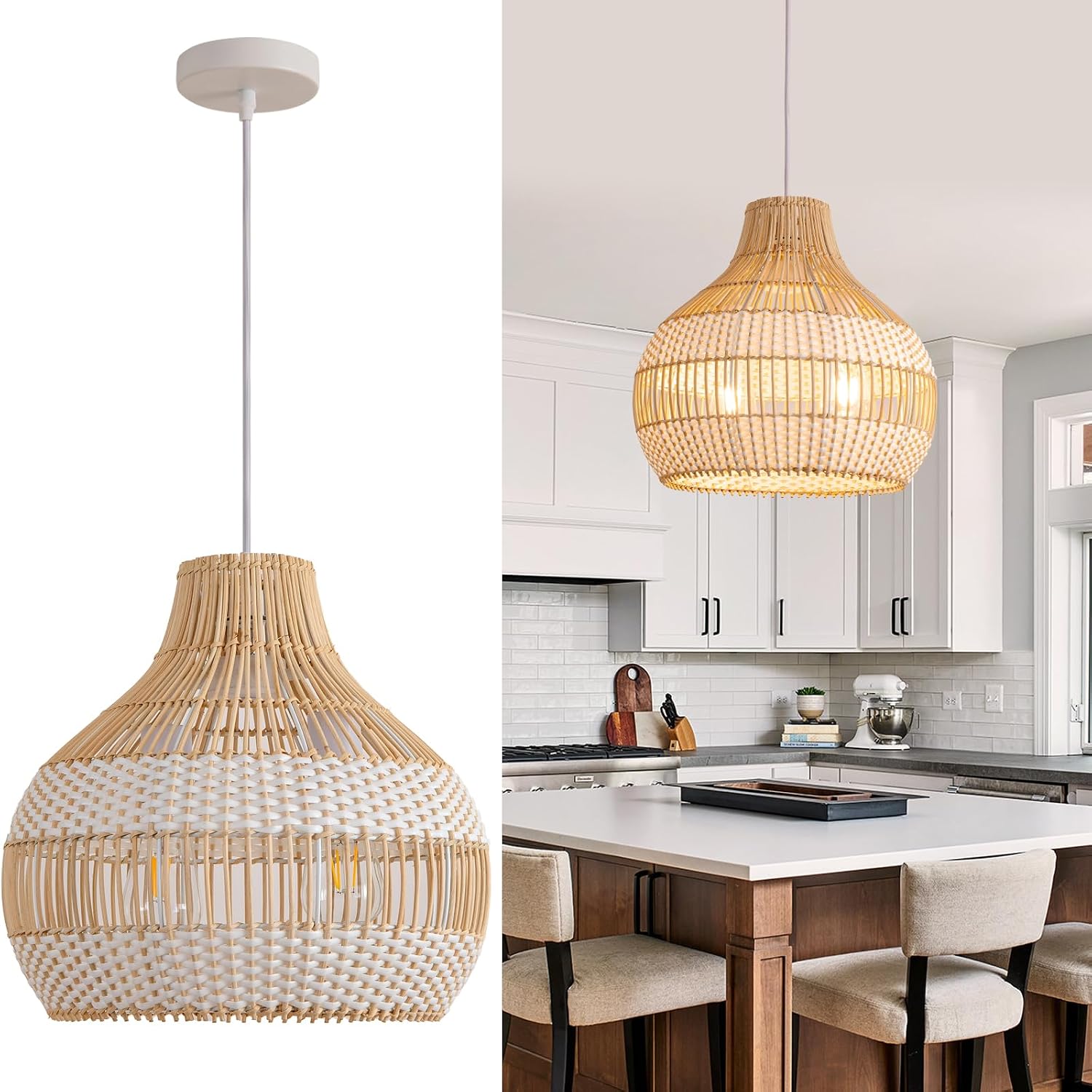 14.6 Inch Rattan Pendant Light, Woven White Wicker Chandelier