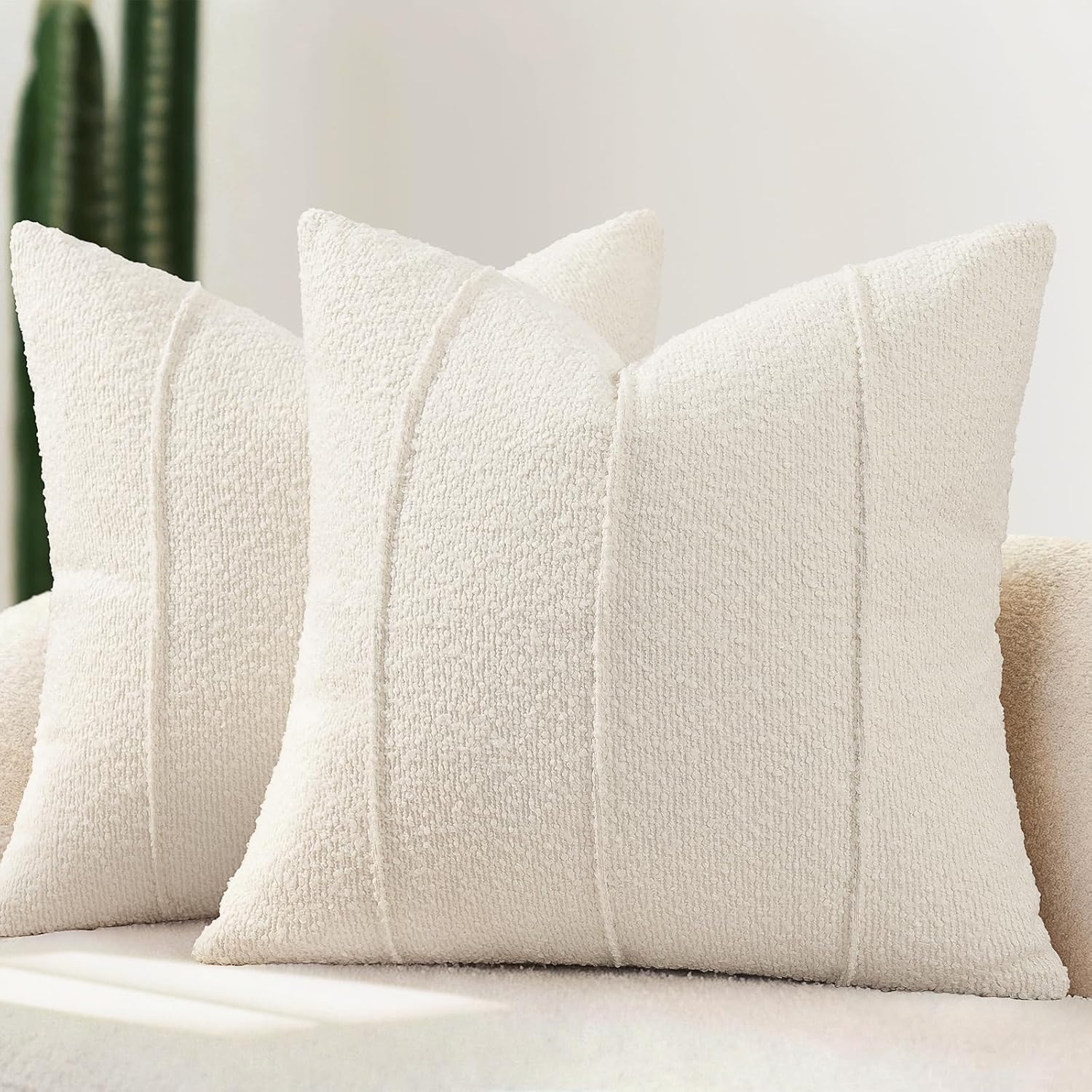 YCOLL Textured Boucle Throw Pillow Covers 20x20, Pack of 2, Ivory