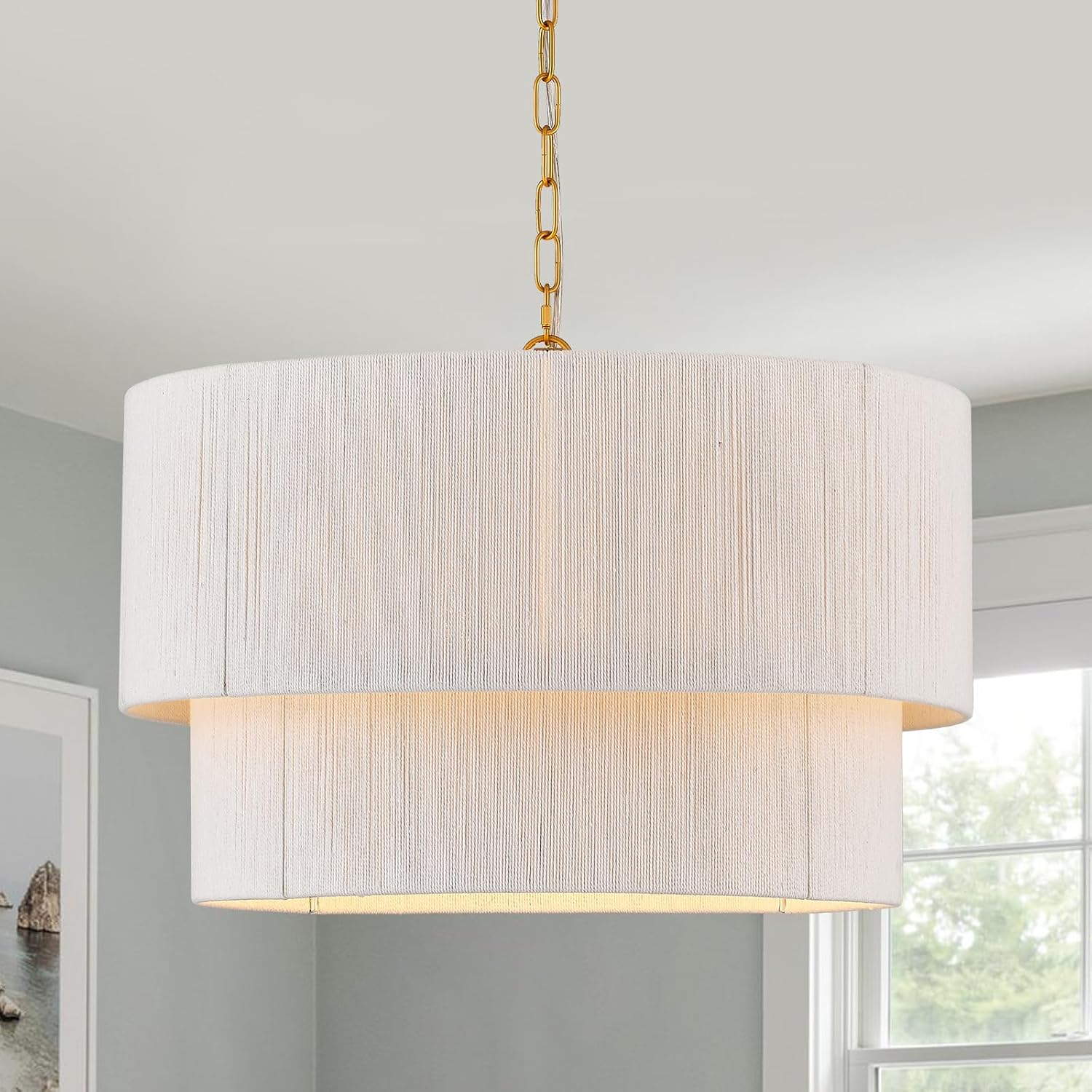 6 Light Boho Drum Chandelier, Hand Woven Rattan, Gold and White