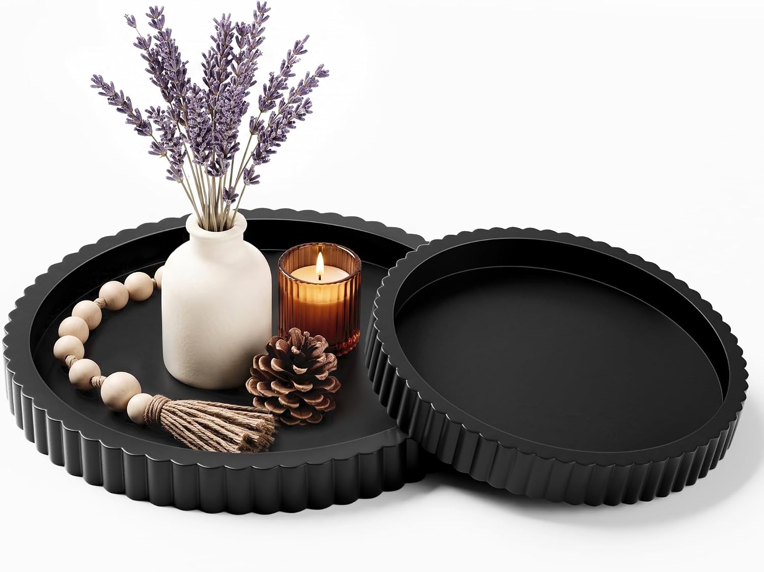 FGU 2 Pack Round Wood Decorative Trays for Coffee Table, Black