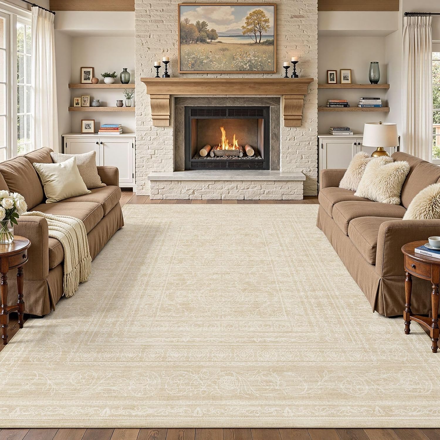 DMOYEST Neutral 10x14 Area Rug for Living Room, Washable Brown