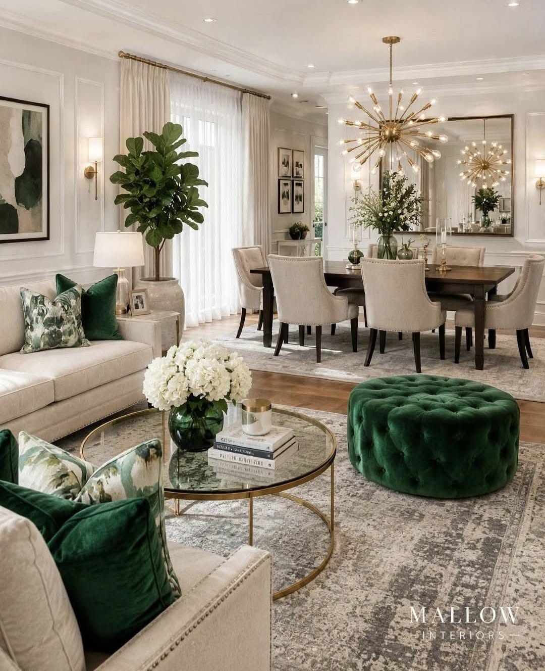 Living room with emerald green accents and gold details
