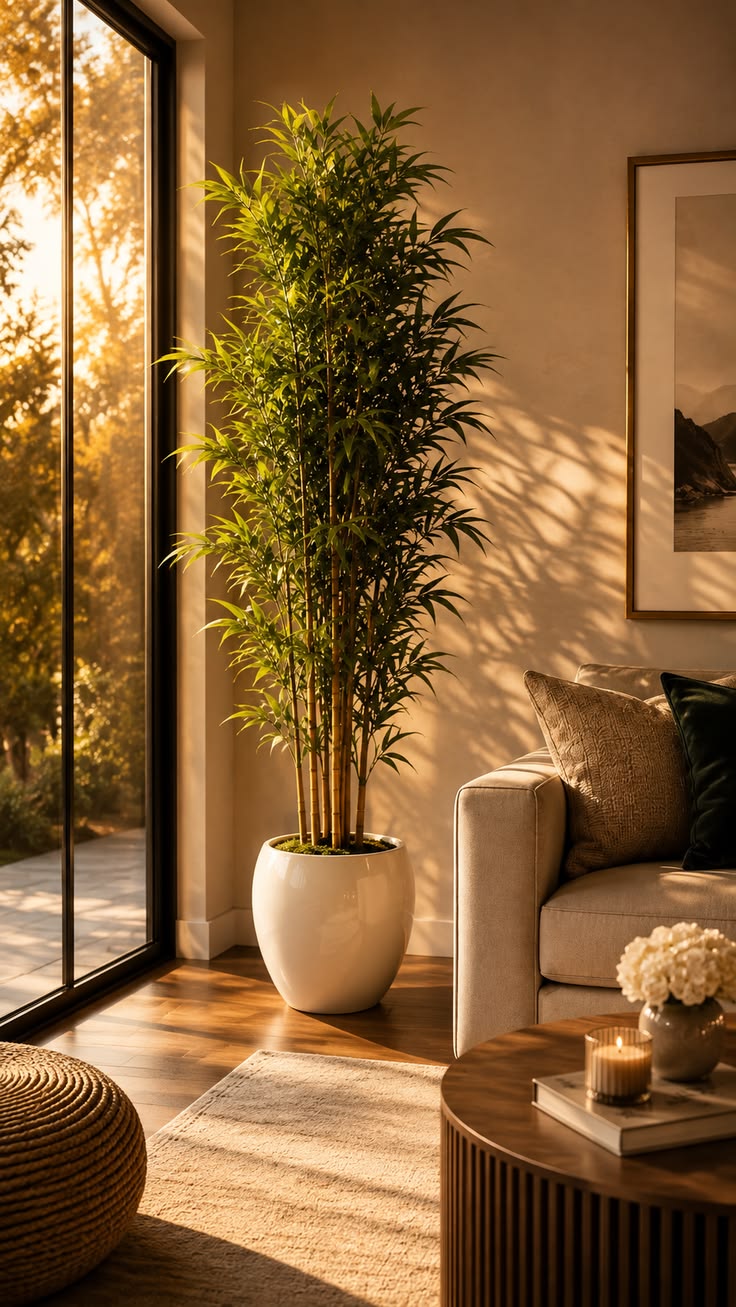 Tall potted bamboo plant lit by golden-hour light