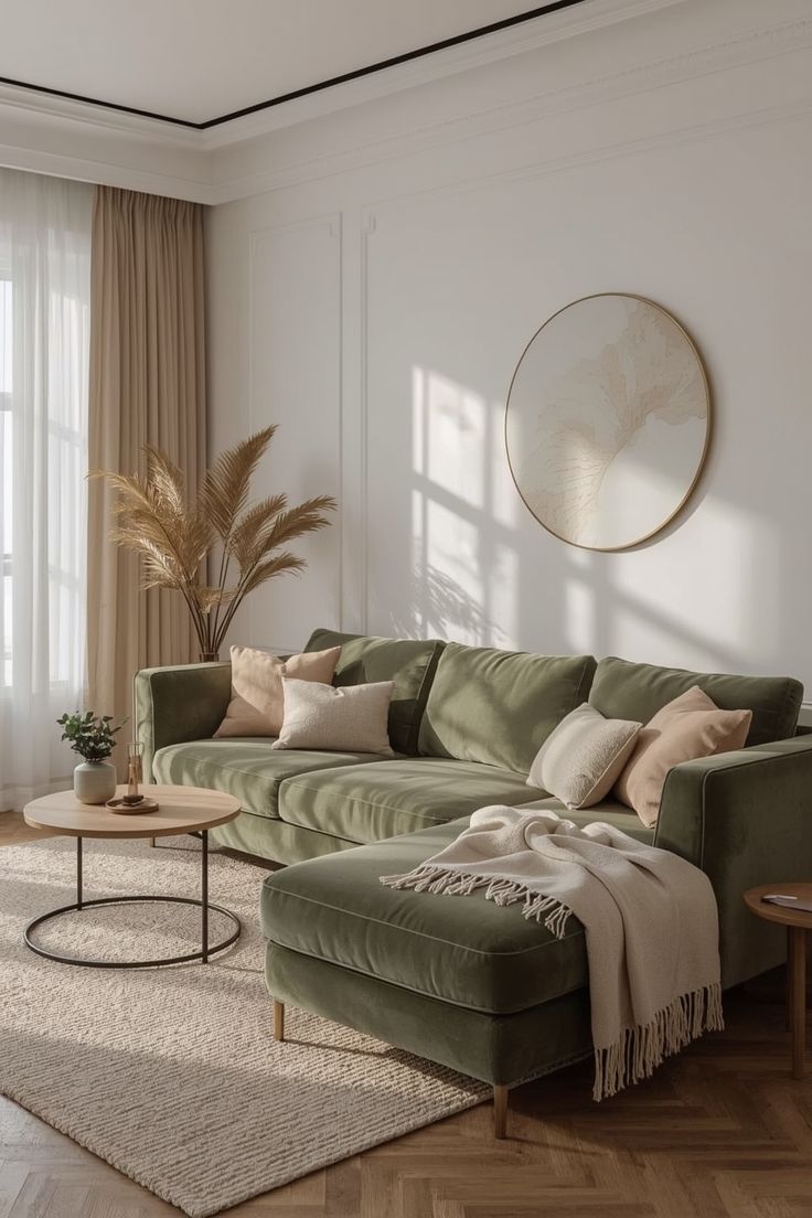 Minimalist living room with a round mirror and console