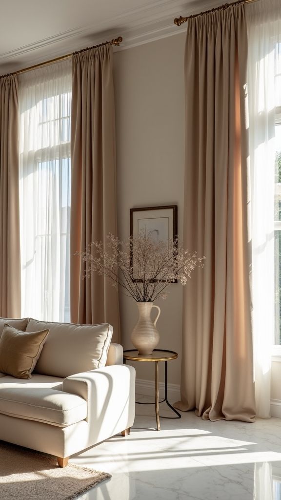 Floor-length curtains framing a bright living room window