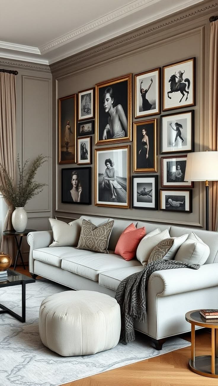 Gallery wall of framed photographs above a white sofa