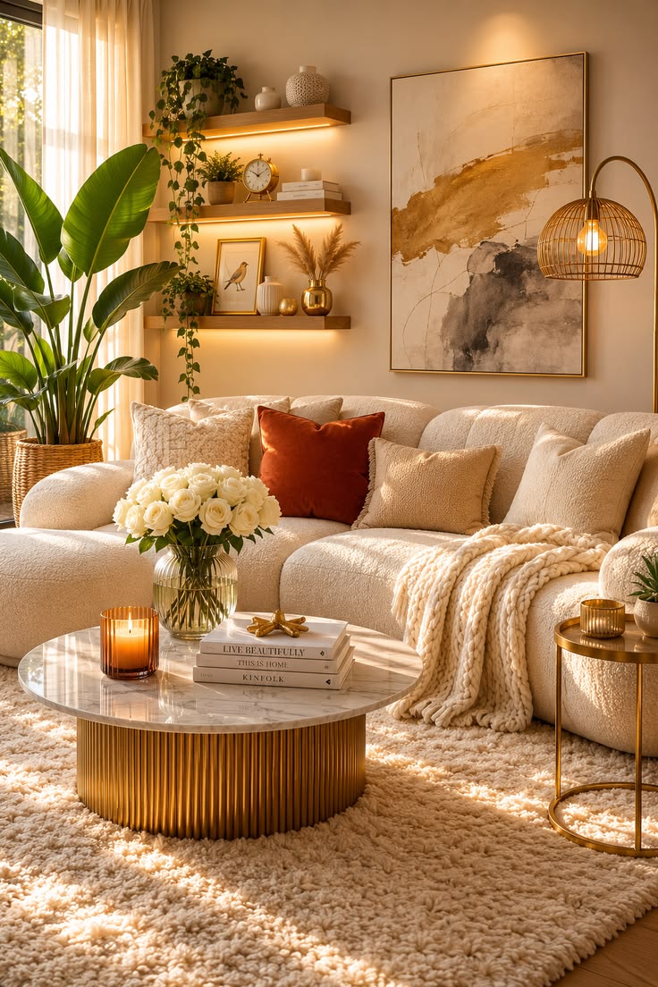 Boucle sofa and layered textures in a neutral living room