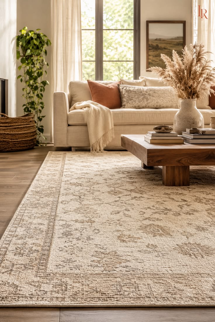 Cream area rug anchoring a sofa and coffee table