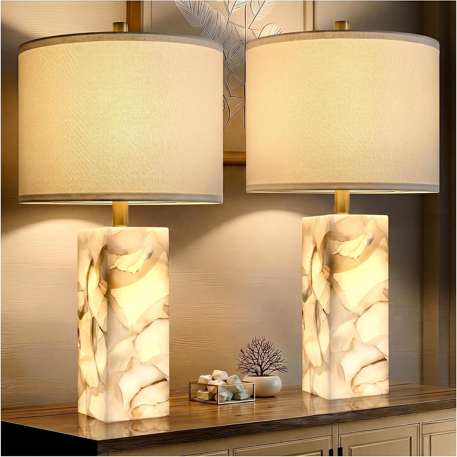 Scenekoy 23 Inch Alabaster Table Lamps, Set of 2, with Night Light