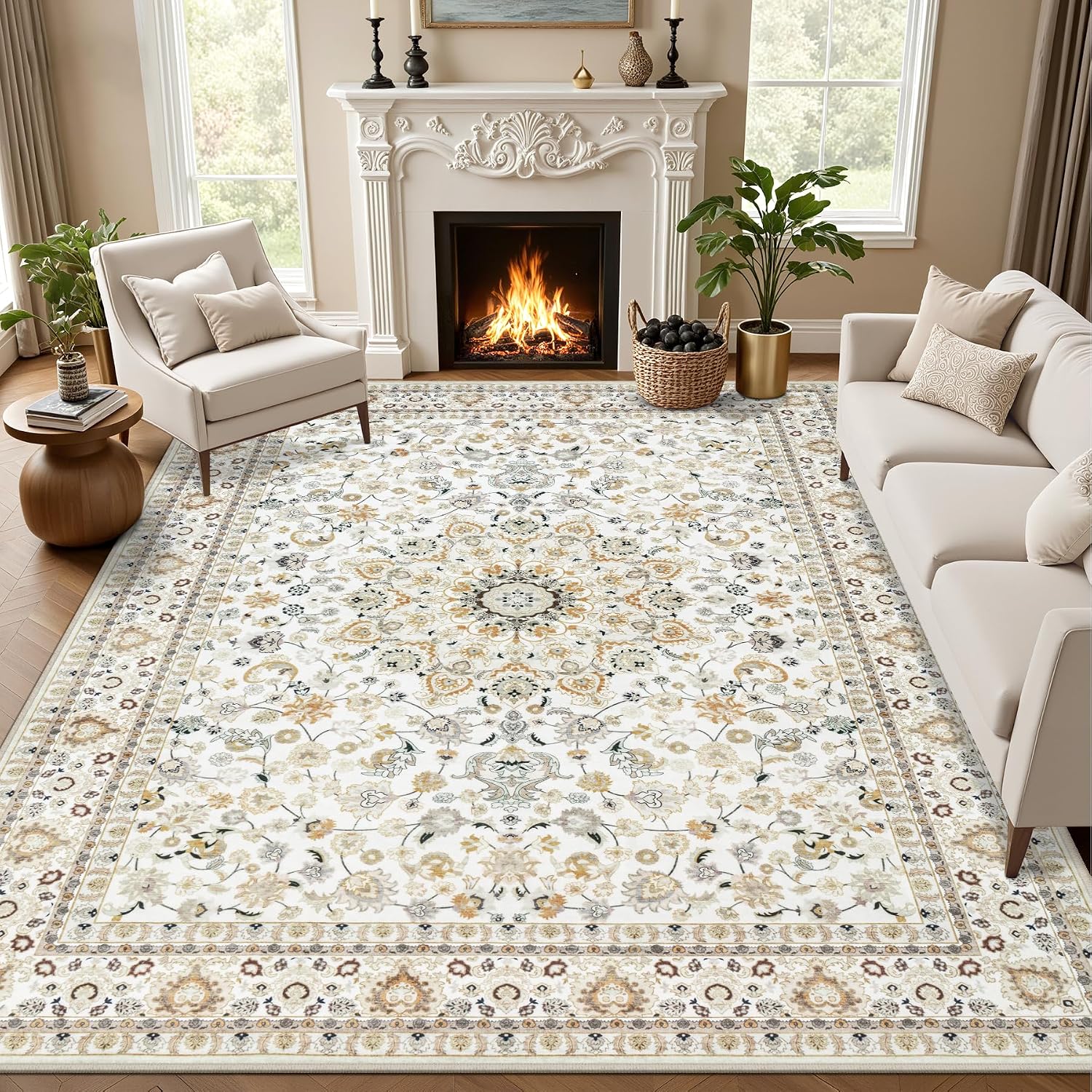 5 x 7 Washable Vintage Area Rug for Bedroom, Beige