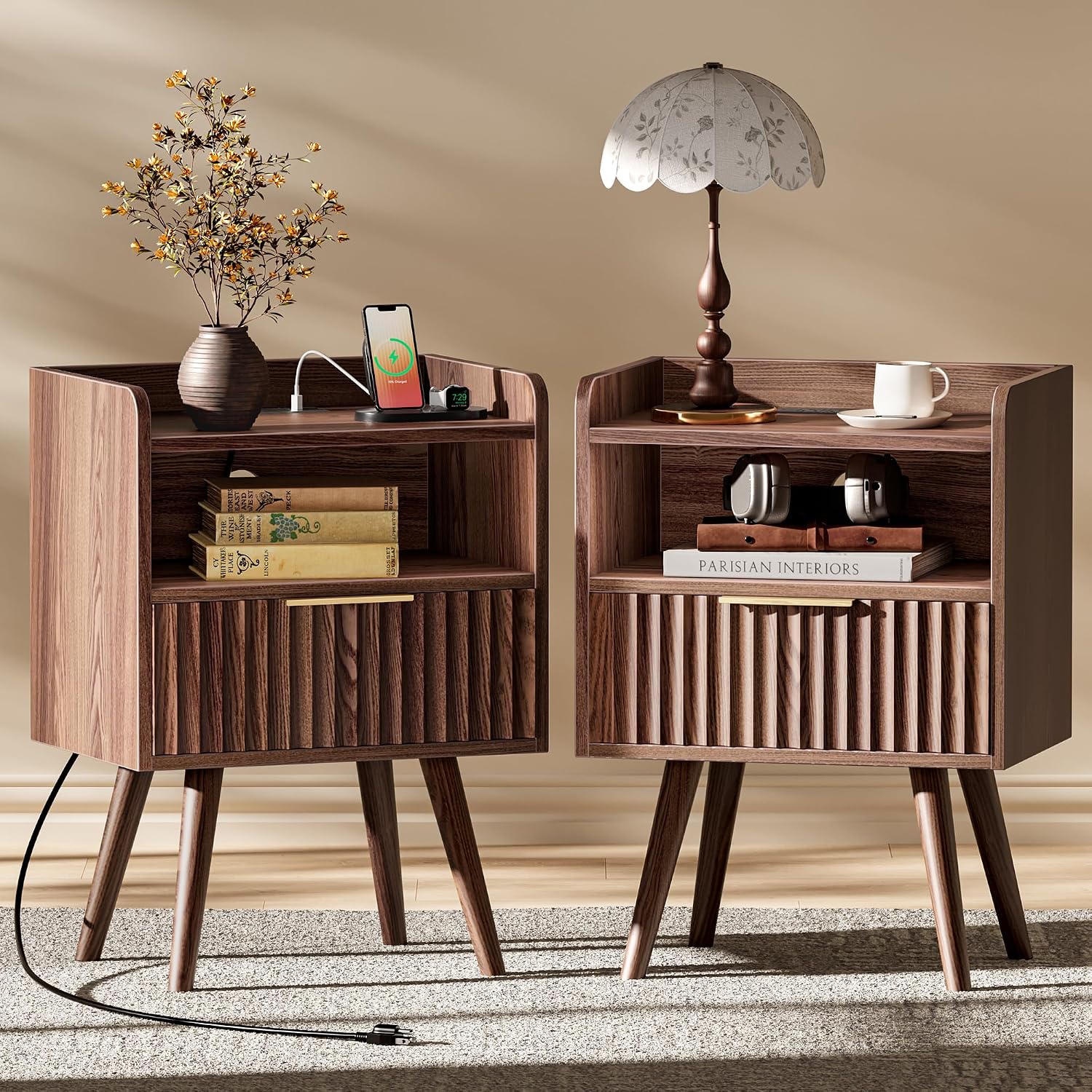 Huuger Nightstands, Set of 2, with Charging Station and USB-C Port