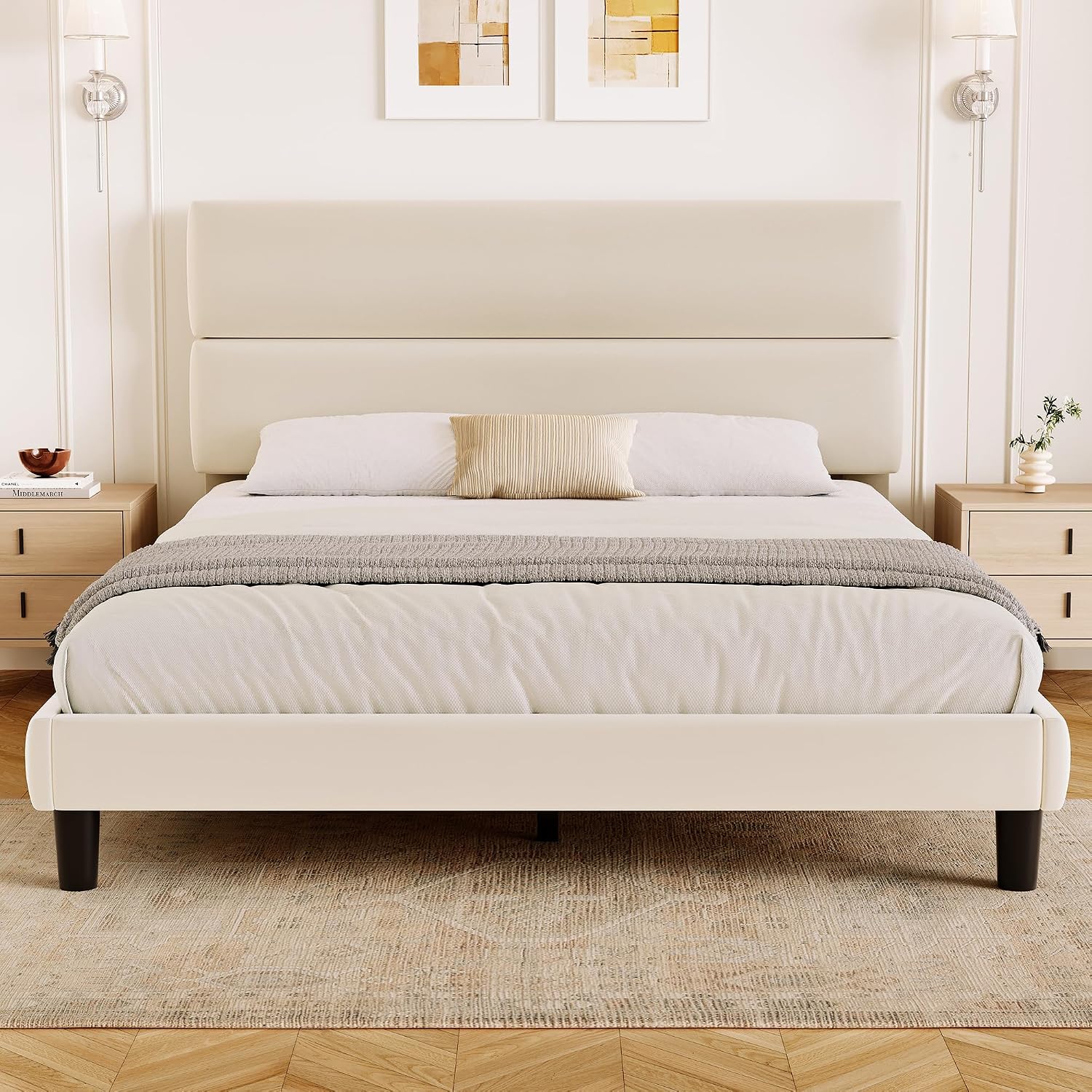 GRUSIGN Queen Platform Bed Frame with Velvet Headboard, Adjustable Height