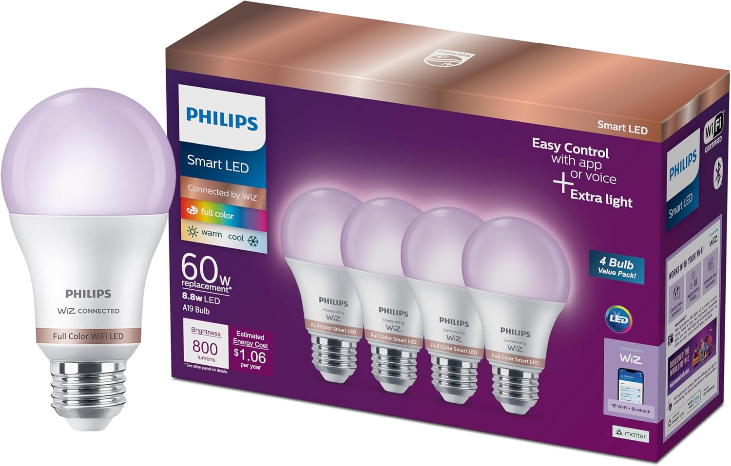 PHILIPS Smart Color LED Light Bulbs, A19, 4 Pack, 800 Lumen
