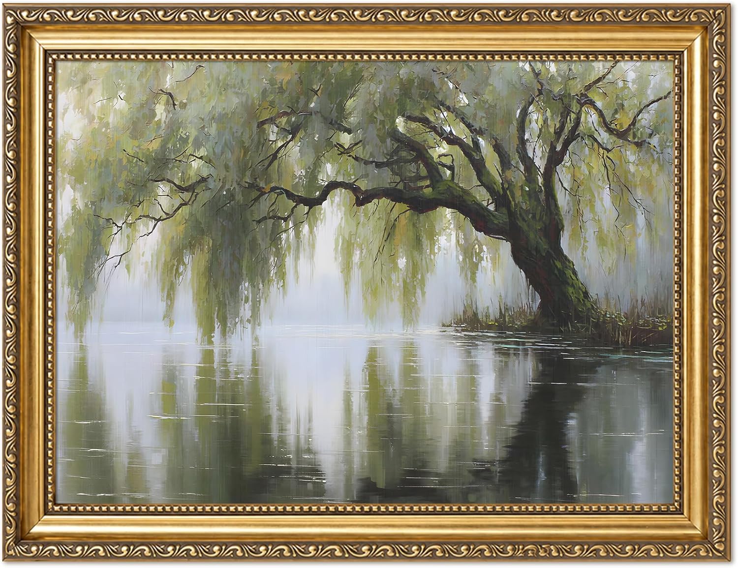 Vintage Gold Framed Landscape Wall Art, Green Weeping Willow Tree Lake
