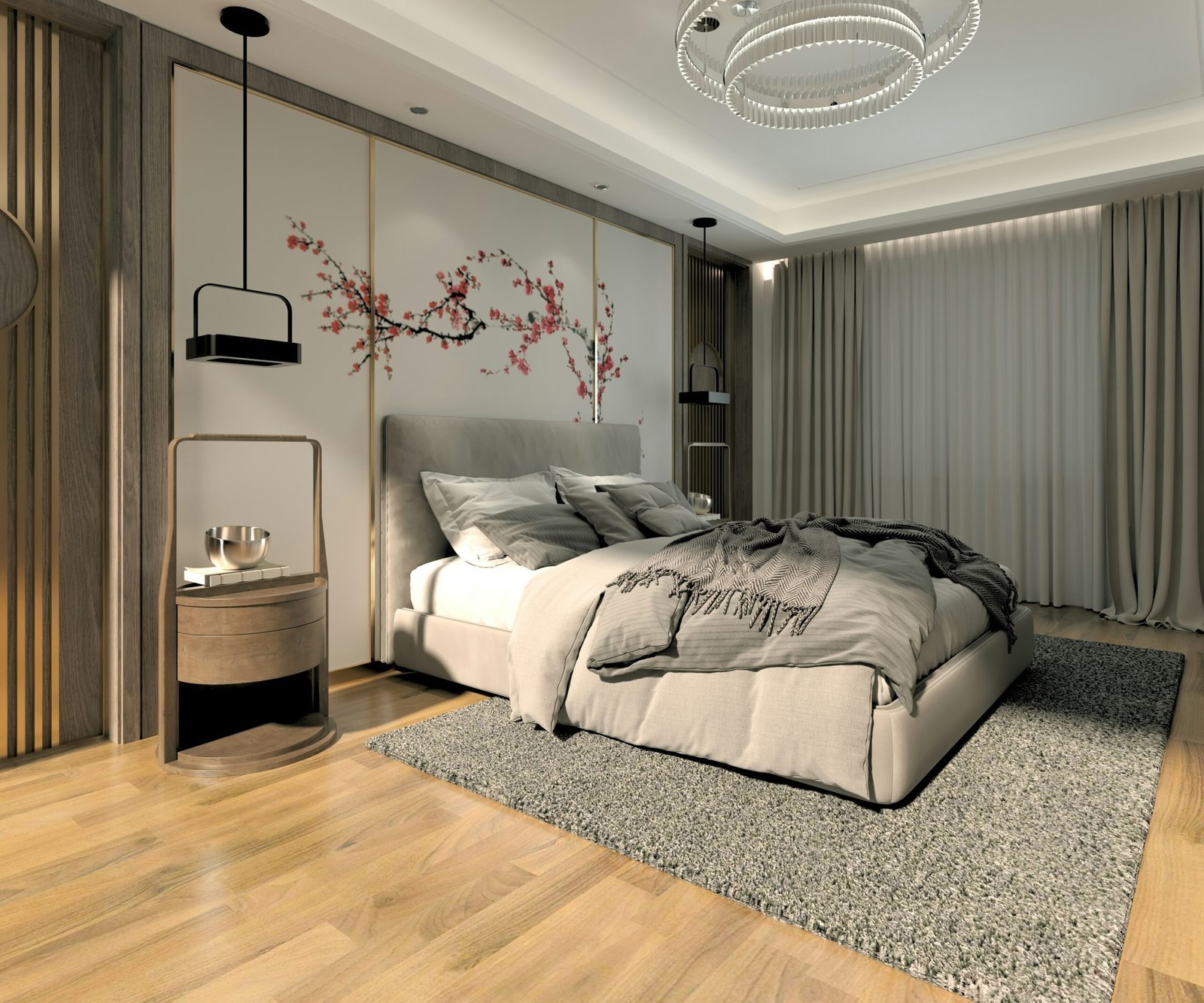Luxurious bedroom design with elegant, comprehensive styling
