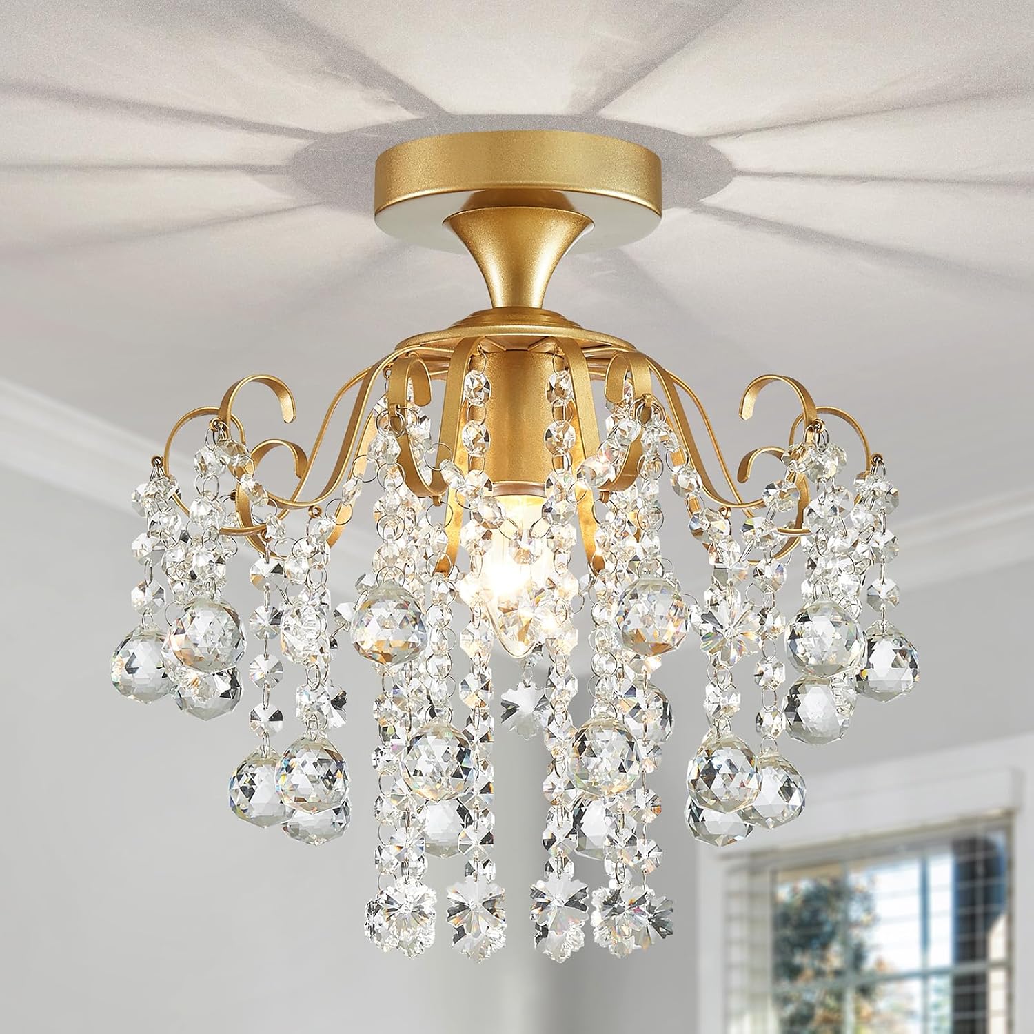 WUZUPS Crystal Chandelier Flush Mount Ceiling Light, Gold, for Bedroom