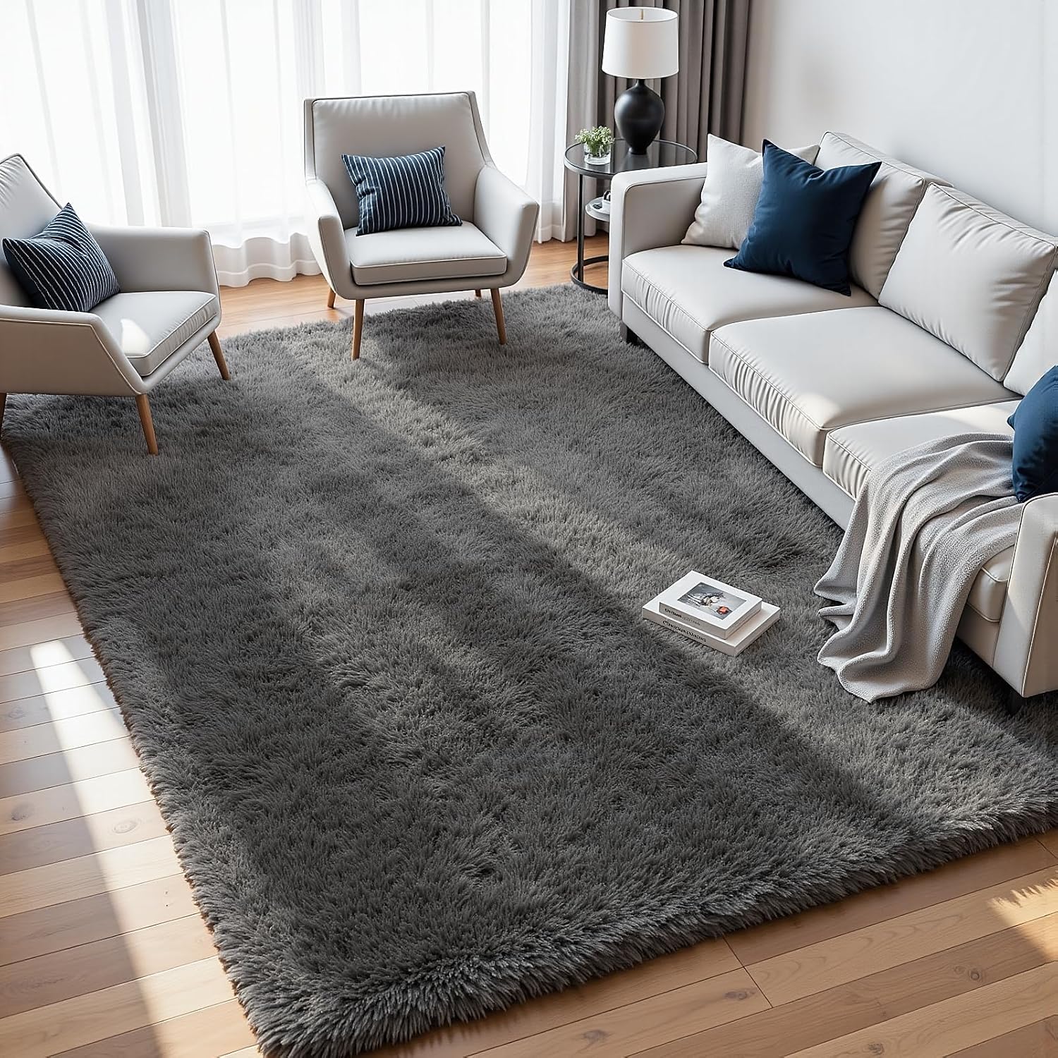 8 x 10 Fluffy Shag Area Rug for Living Room and Bedroom, Soft Plush, Grey
