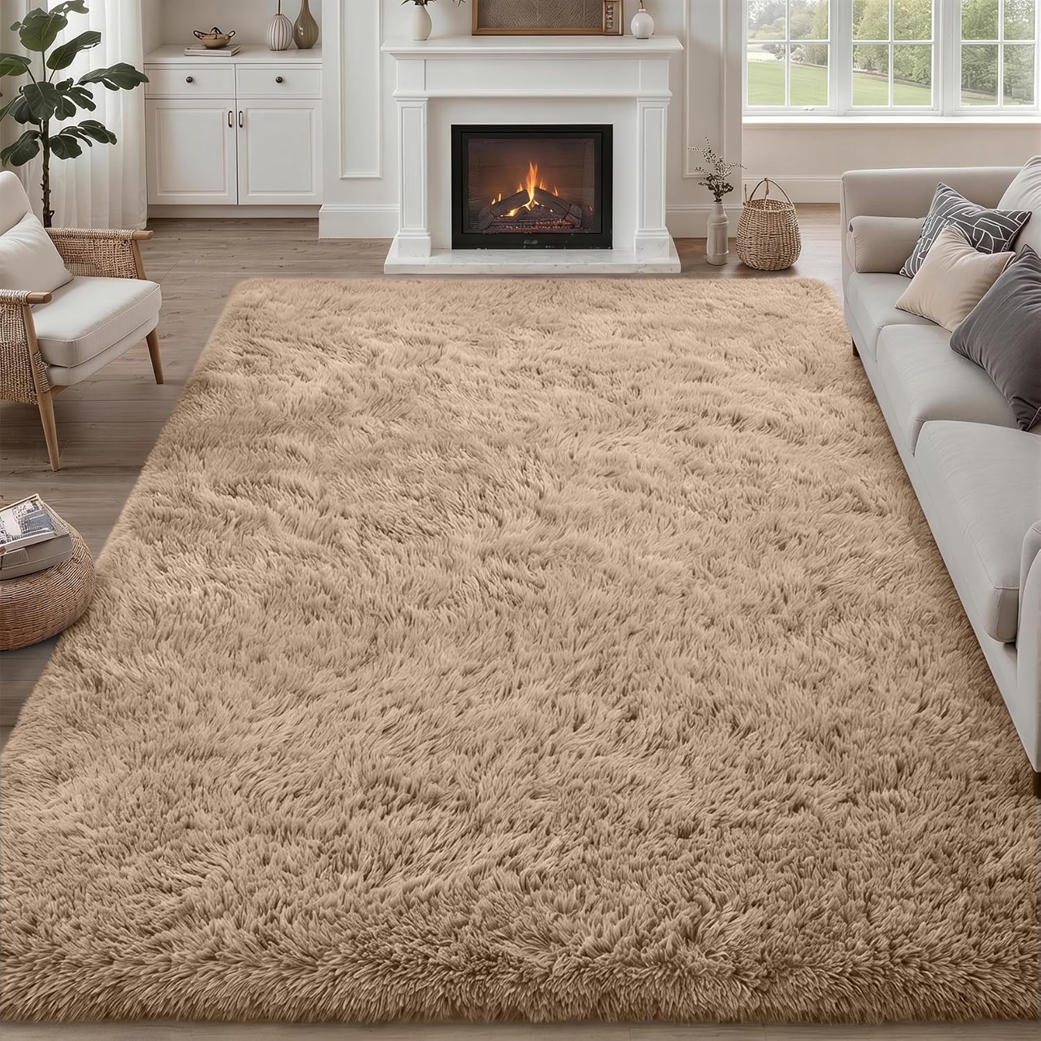 8 x 10 Fluffy Plush Shag Area Rug for Living Room and Bedroom, Beige