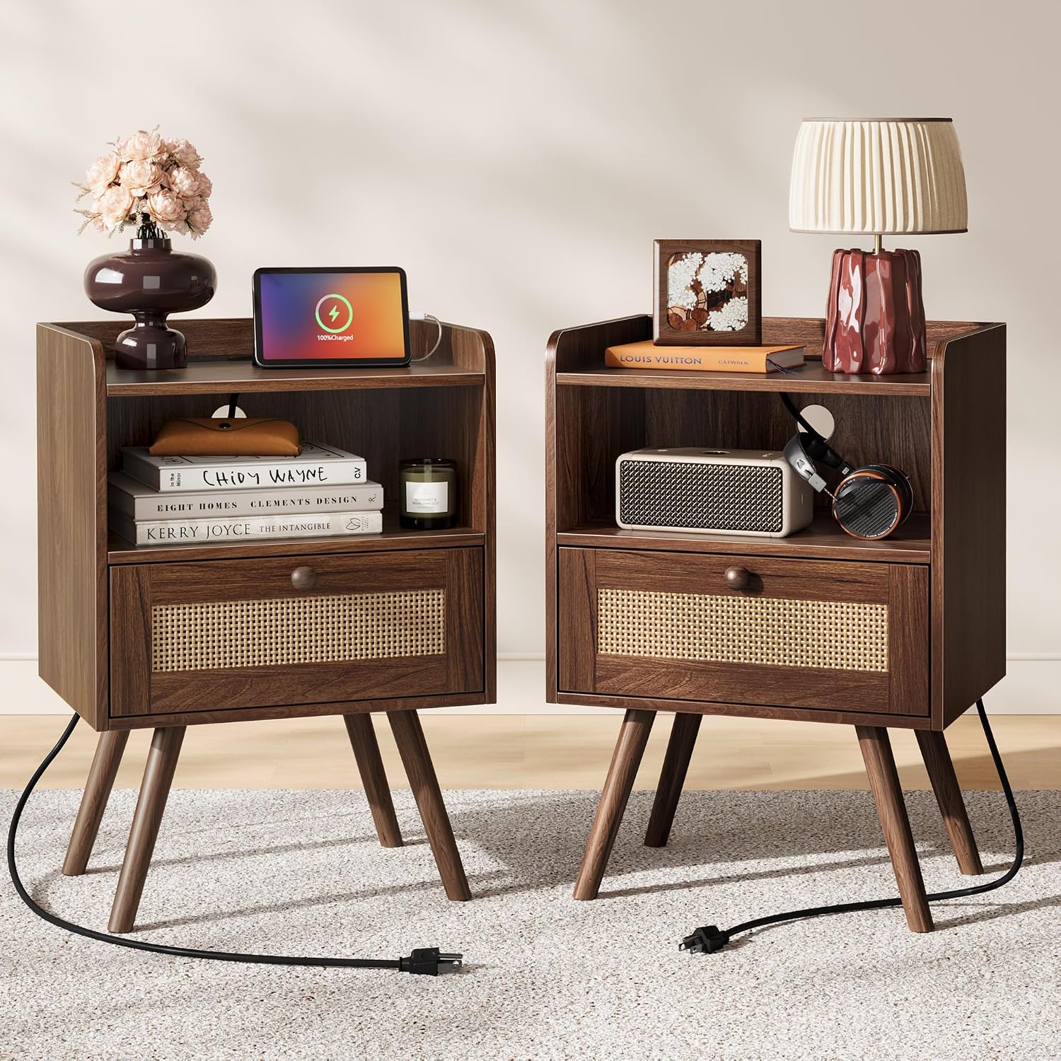 SUPERJARE Nightstands, Set of 2, with Charging Station and Rattan Drawer