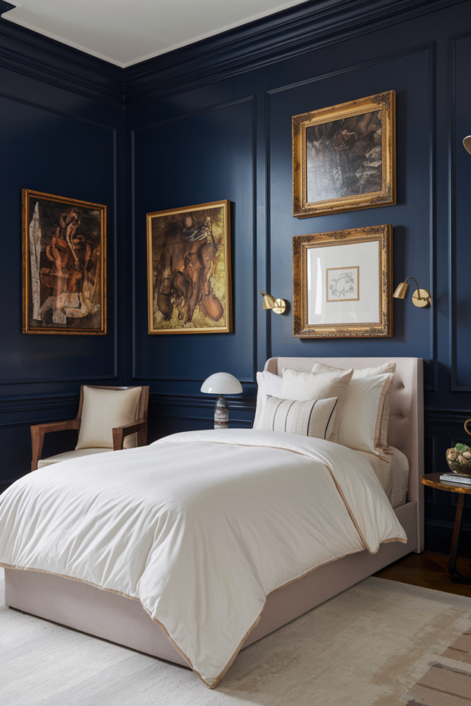 Dark, moody wall color adding drama to the luxury bedroom