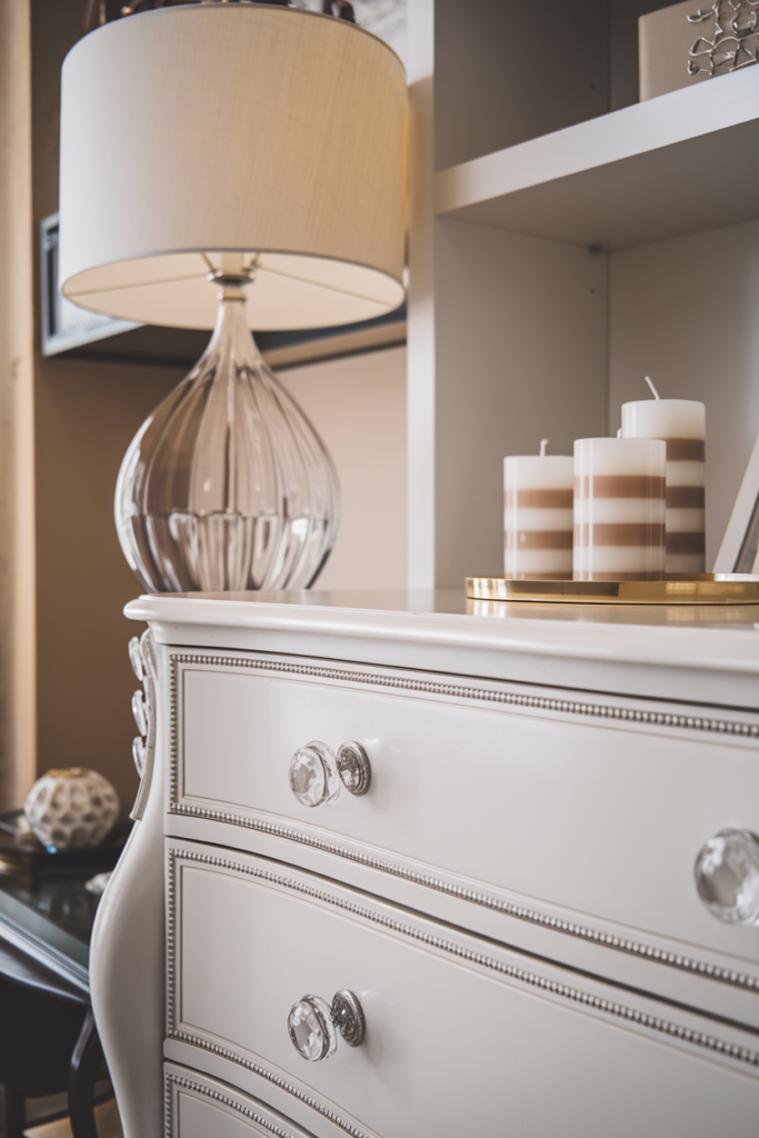 Upgraded glam hardware elevating basic bedroom furniture
