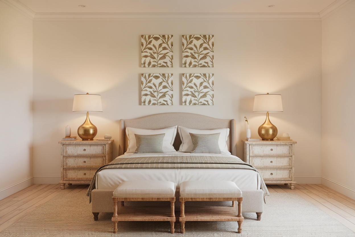 Symmetrical luxury bedroom with elegant matching decor