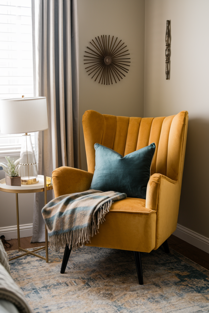 Velvet accent chair adding texture and function to the bedroom
