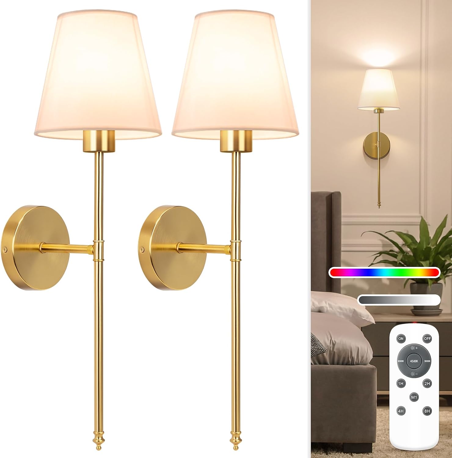 NIORSUN Battery Operated Wall Sconces, Set of 2, Gold, Rechargeable and Dimmable
