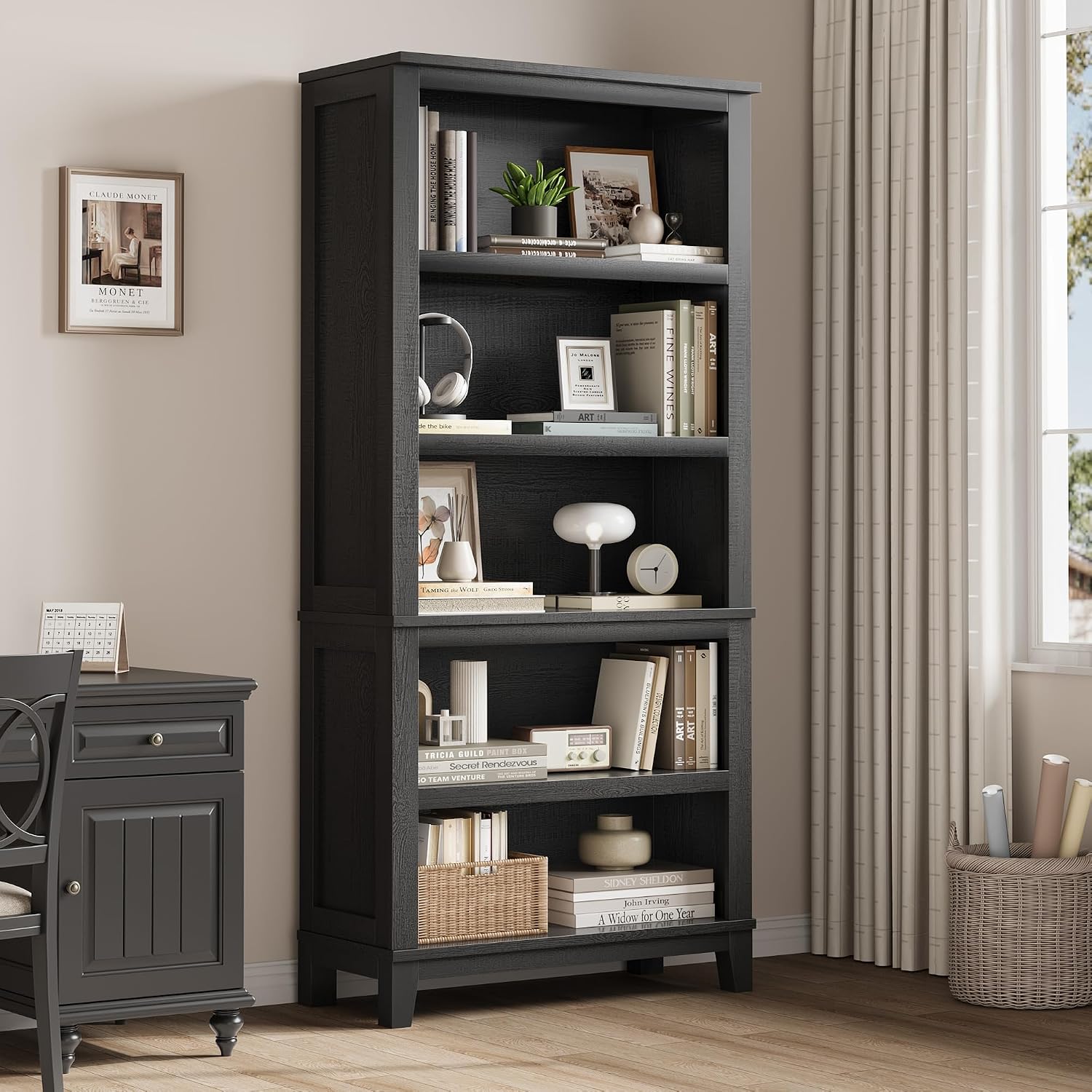 71 Inch Farmhouse Bookcase, 5-Tier Tall Bookshelf with Adjustable Shelves