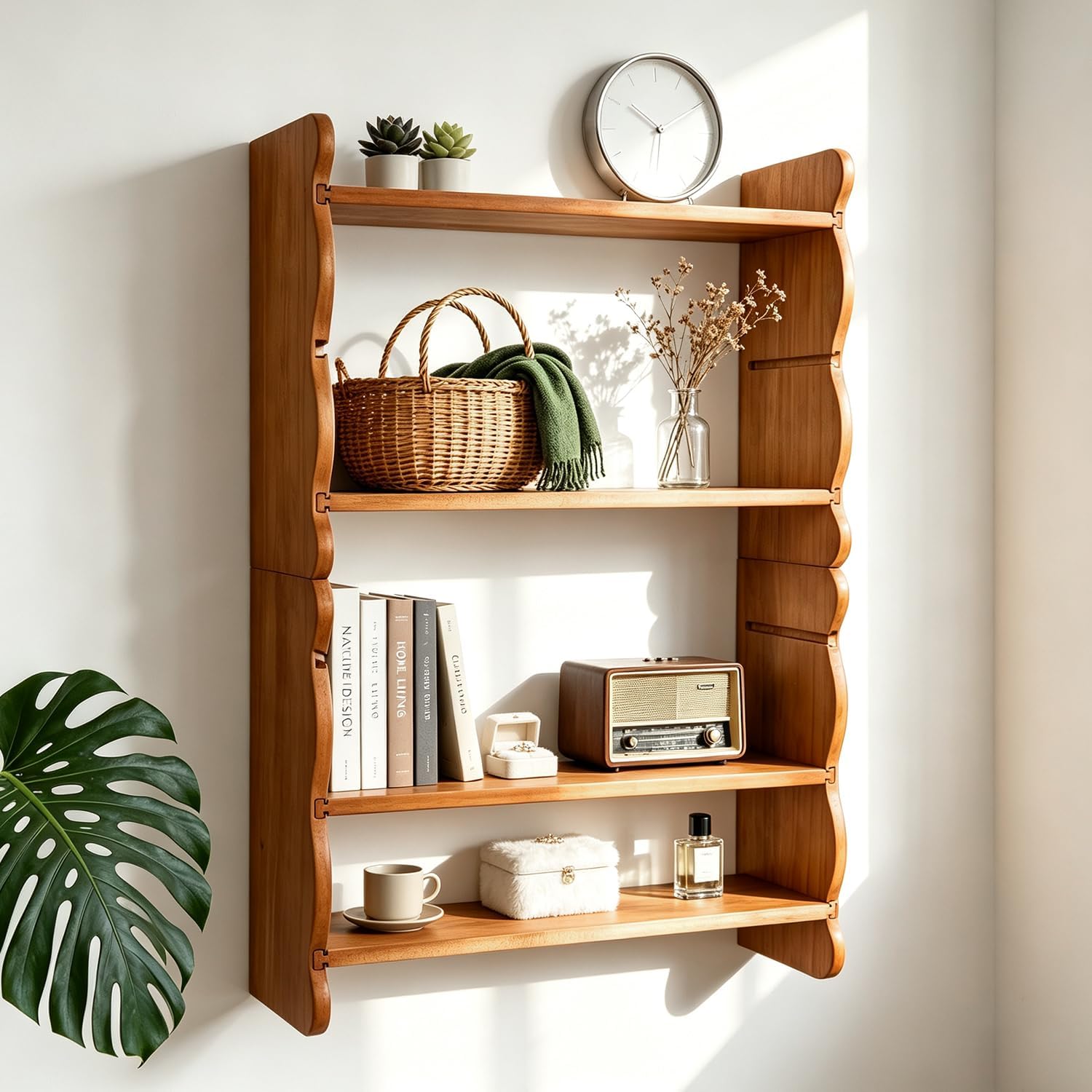 Vintage Solid Wood Wall Shelves, 4-Tier, Adjustable Scalloped Design