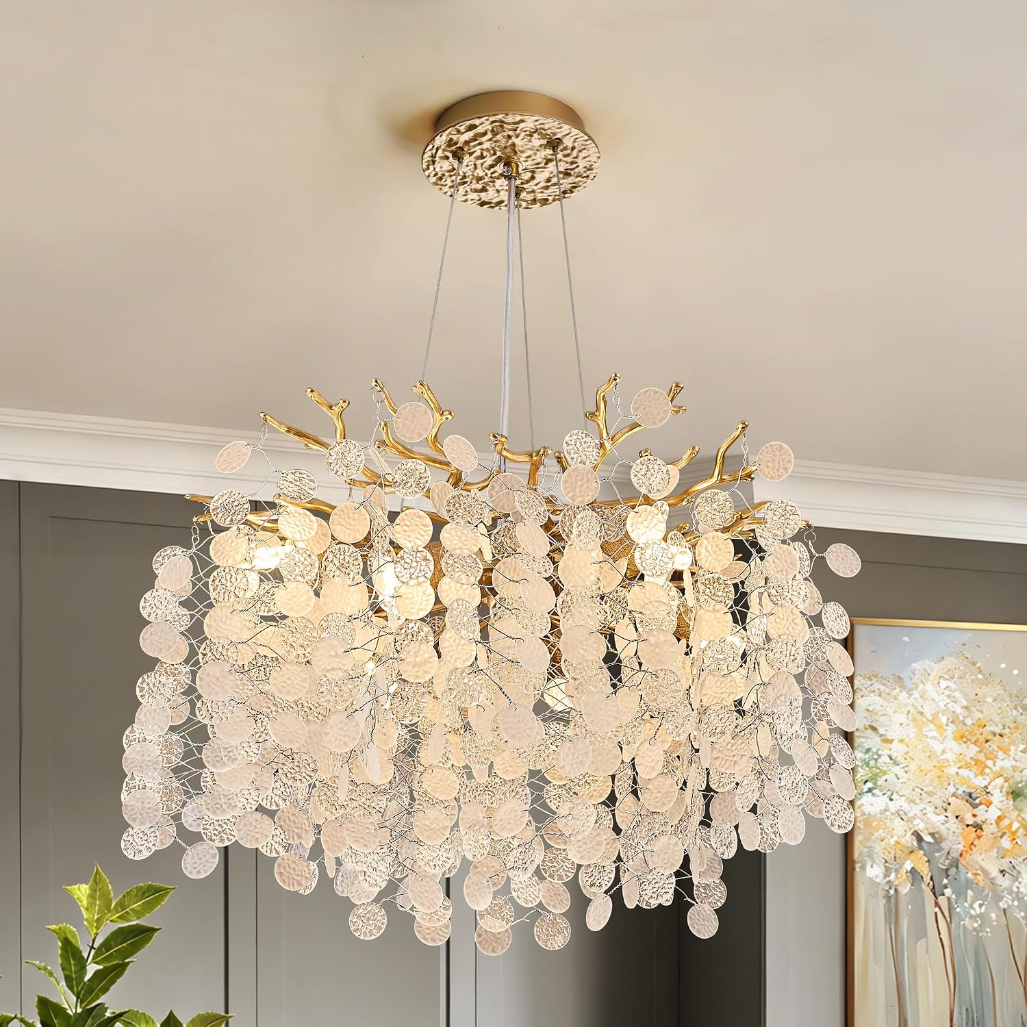 18 Inch Coastal Chandelier, 6-Light Gold Tree Branch Crystal Pendant Light