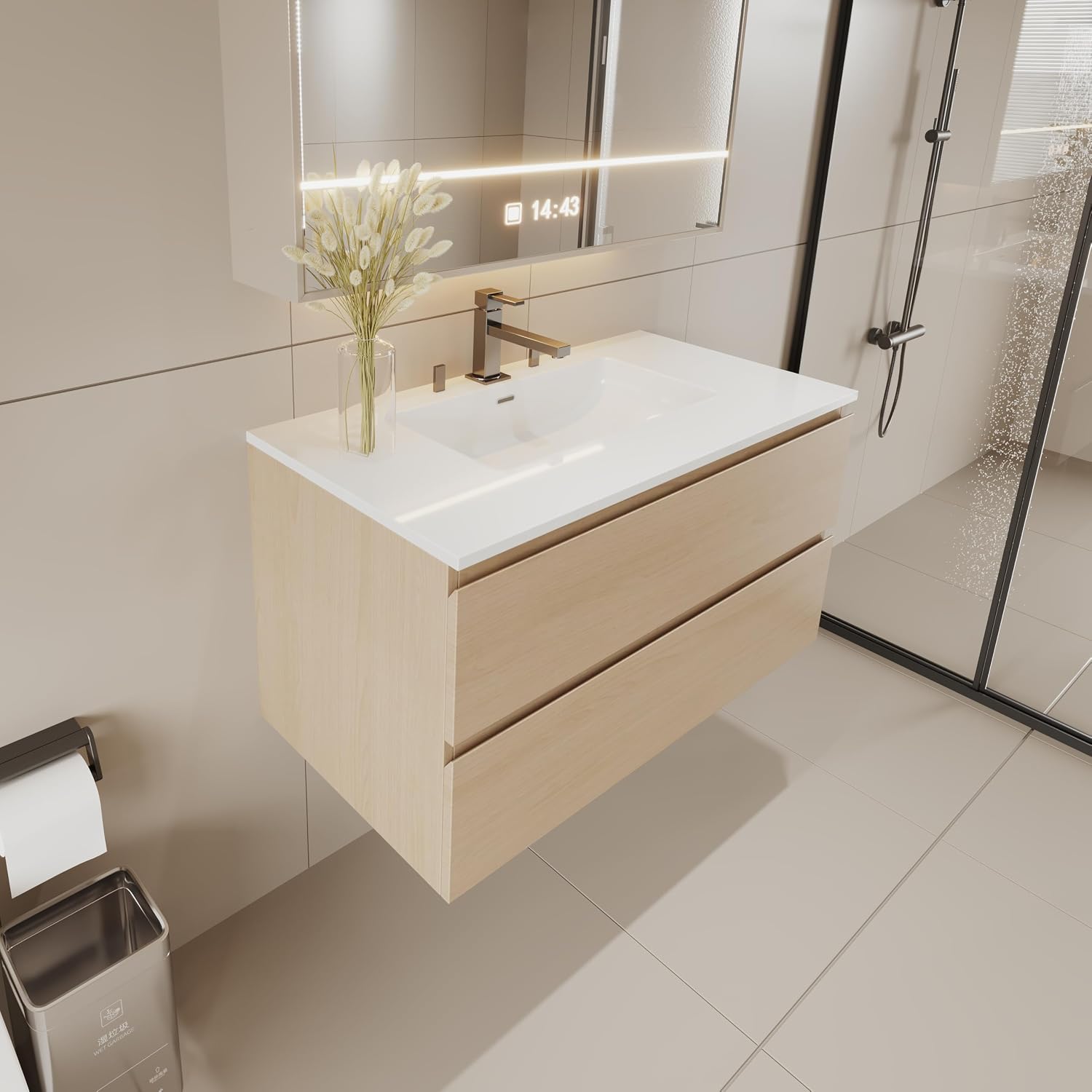 Modern Floating Wall-Mounted Vanity, 30 Inch, with Soft-Close Drawers