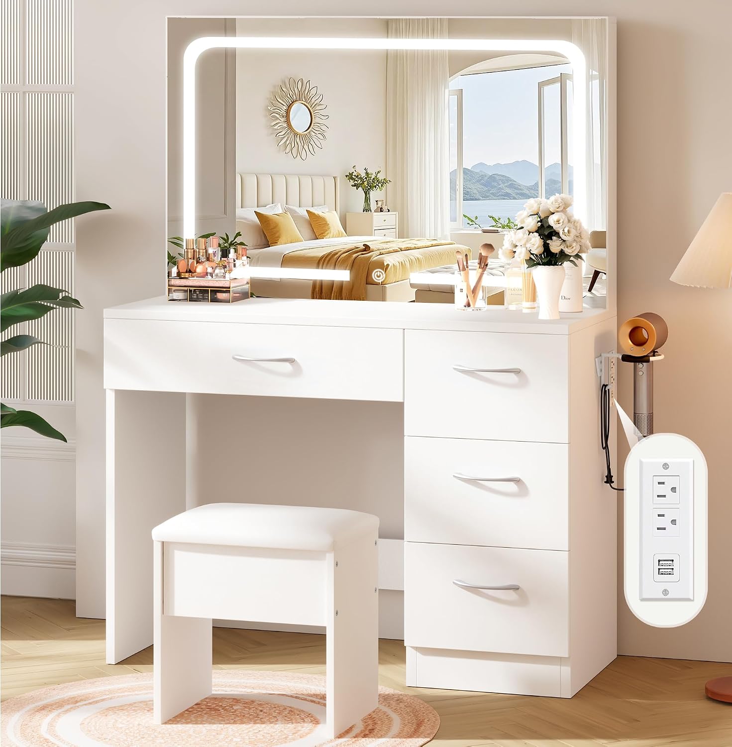 LIVELYGLOW 35.4 Inch White Vanity Desk Set with Full-Width LED Mirror and Stool