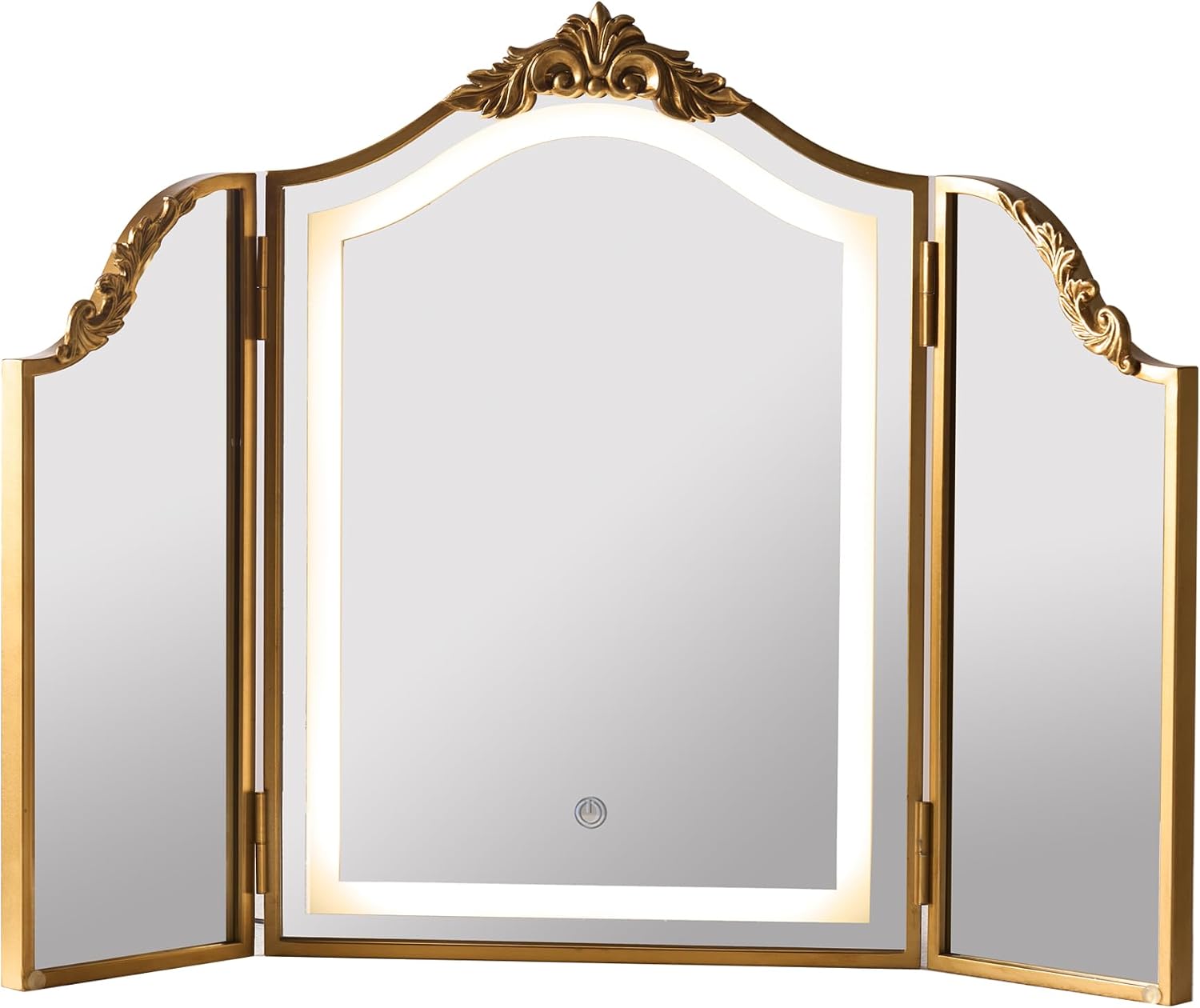 HSDDHOME Antique Gold Triple Fold Makeup Mirror with Tri-Color LED Lighting and Dimming
