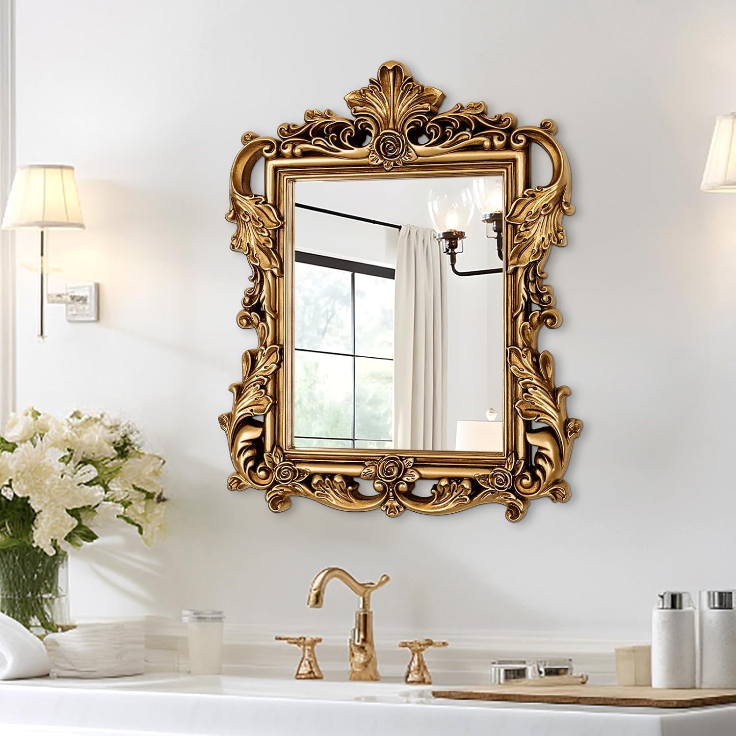 Gold Baroque Mirror, 26.3 x 32.6 Inch, Ornate Lightweight Frame