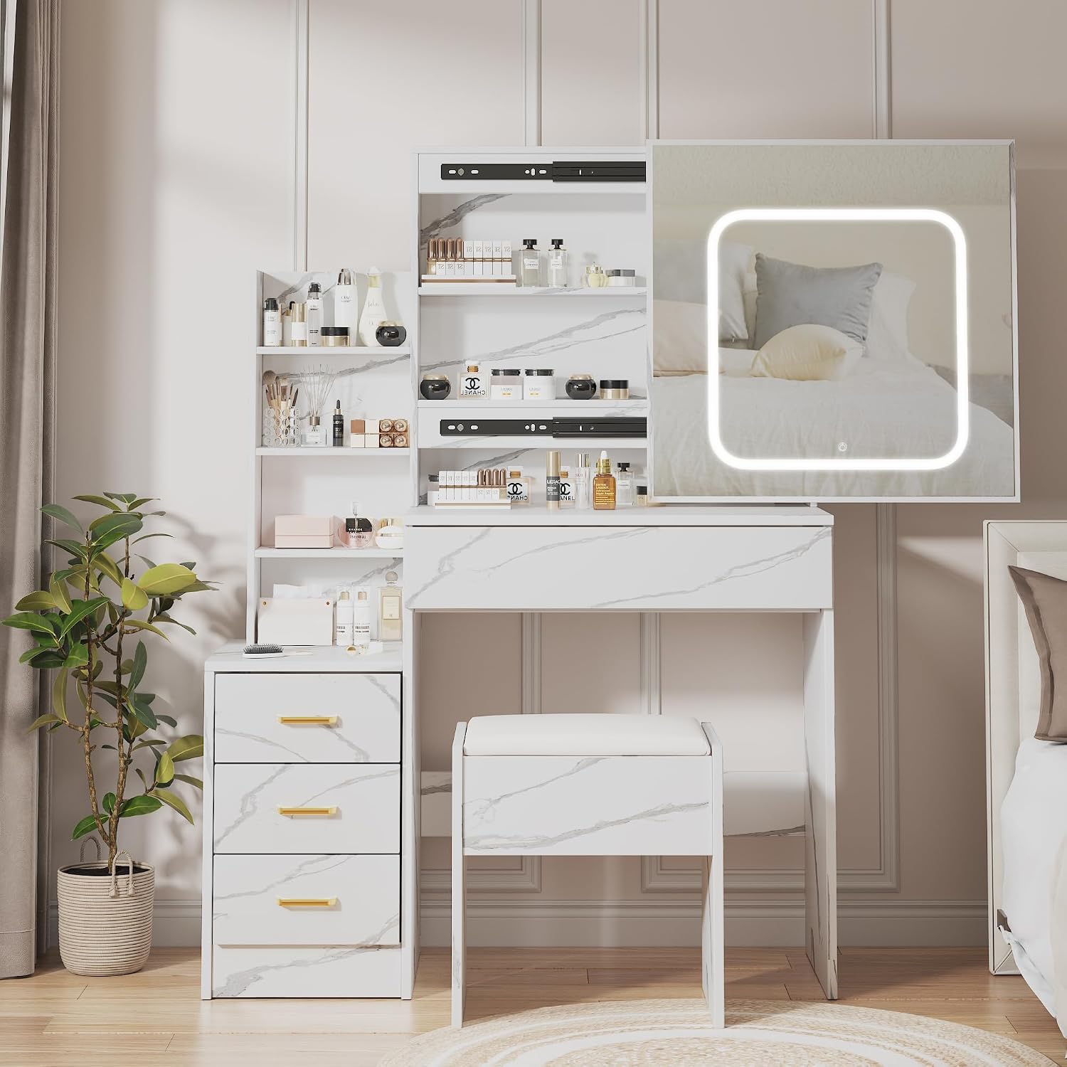 Garvee Vanity Desk with Sliding LED Mirror, 4 Drawers and Storage Shelves