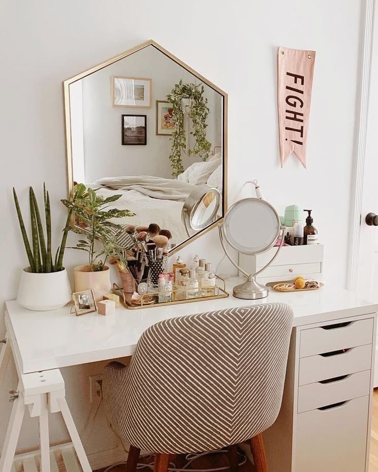 Boho makeup vanity with rattan furniture and a round mirror