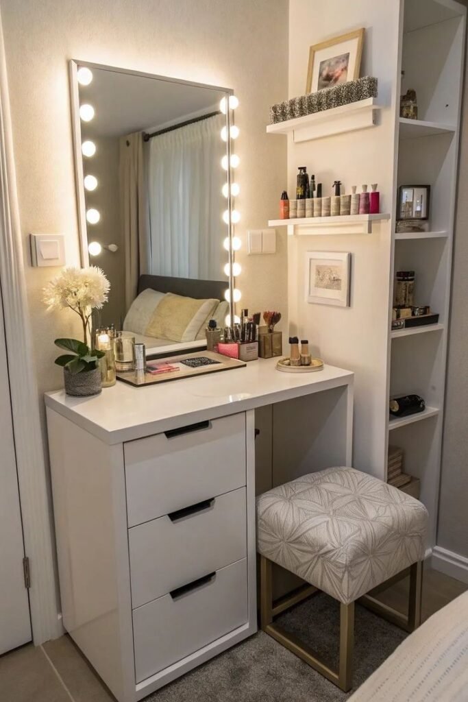 Makeup vanity balancing open display shelves with closed storage drawers