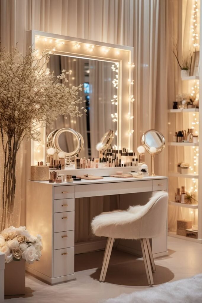 Luxury makeup vanity inspired by high-end hotel design with a frameless mirror