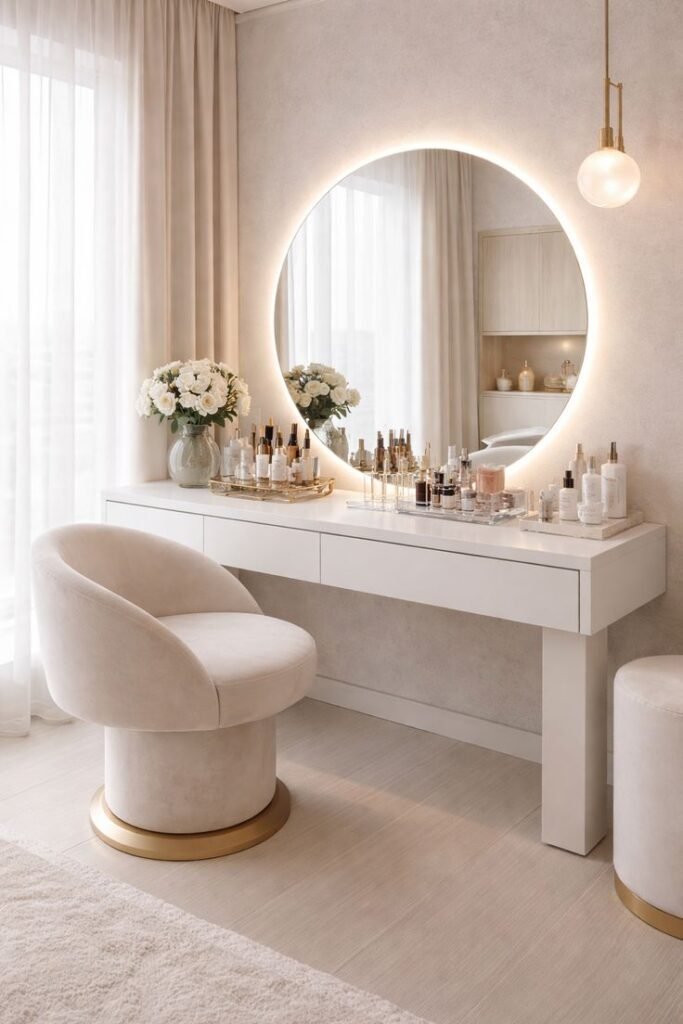Minimalist makeup vanity with a rounded LED mirror and clean lines