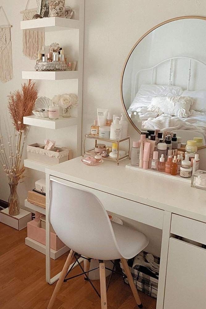 Modern makeup vanity with built-in deep storage drawers