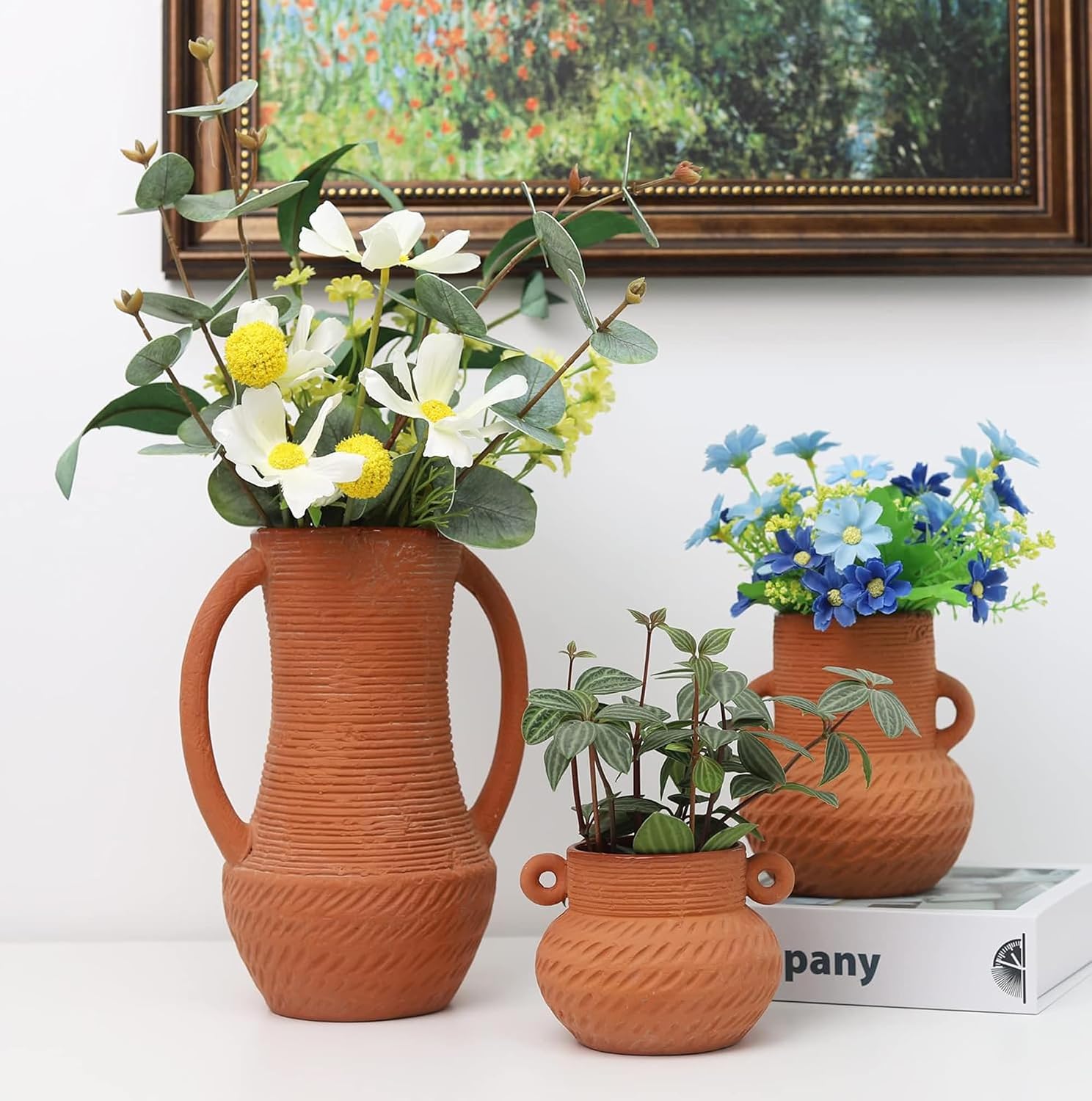 Terracotta Vases, Set of 3, Farmhouse Decor Ceramic Vases for Flowers
