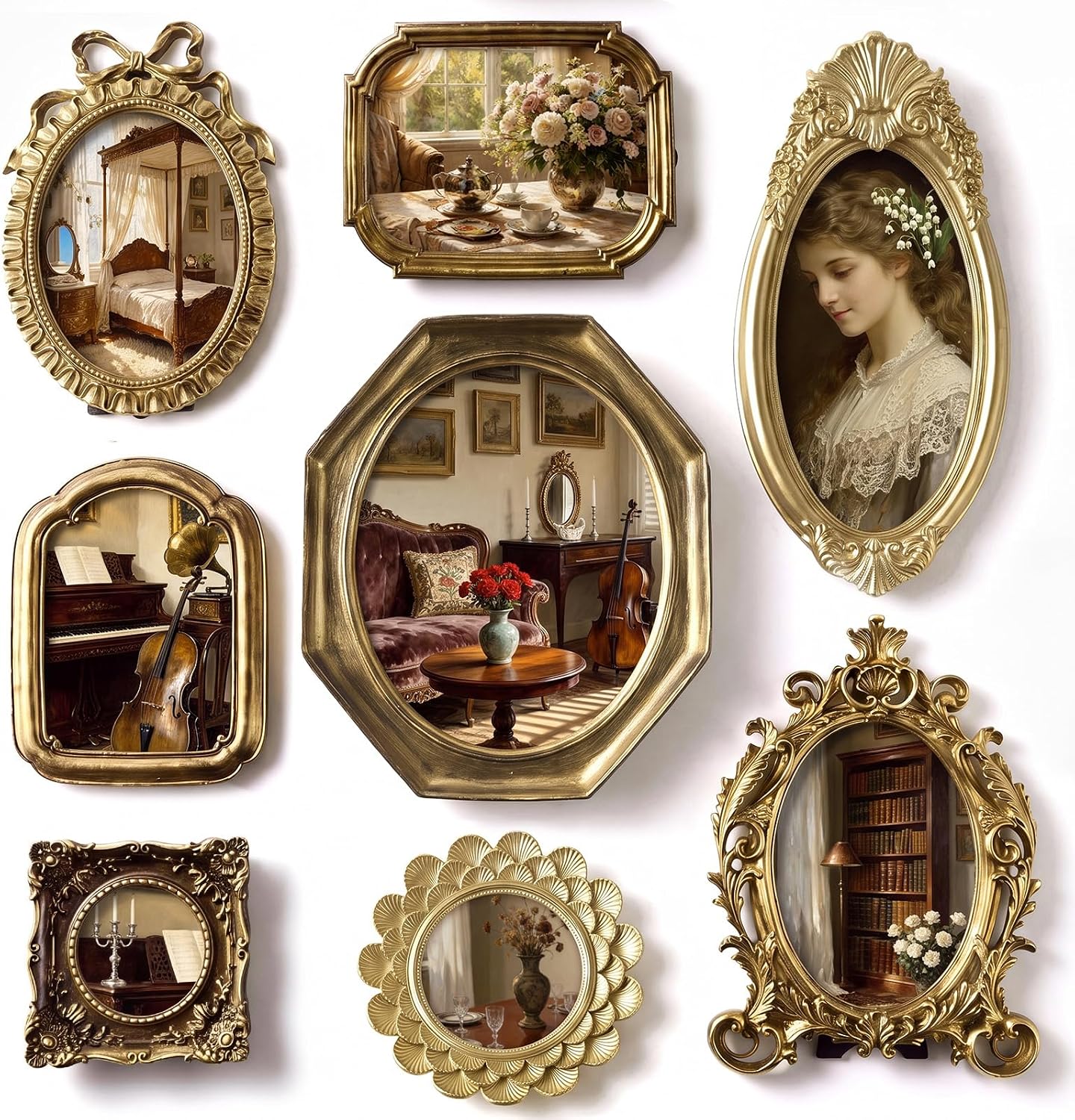 Lineshading 8 Pcs Vintage Gold Gallery Wall Frame Set, 5 Sizes