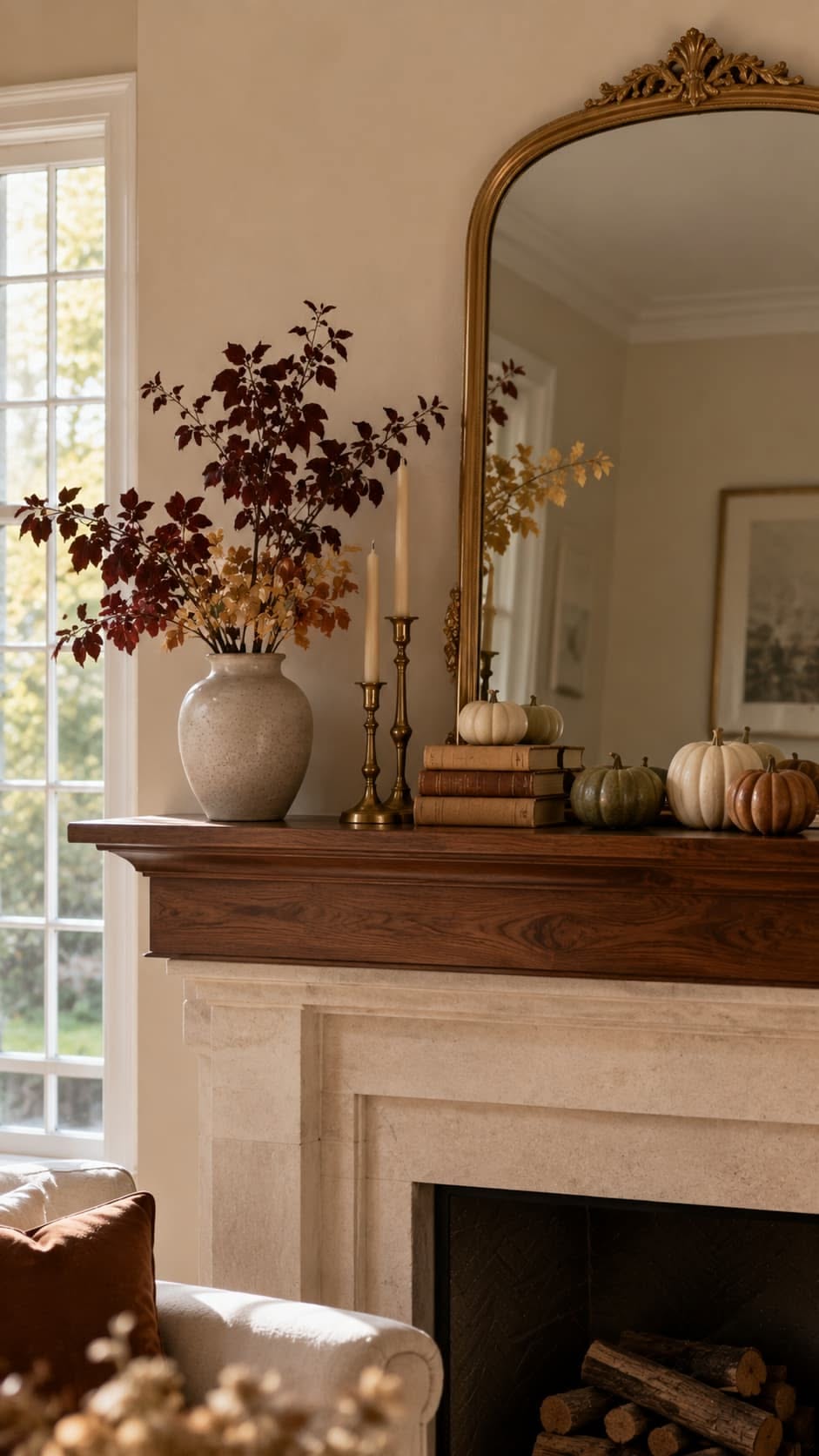 Ornate gold arched mirror above a dark wood mantel with a ceramic vase of autumn branches, brass candlesticks and stacked books topped with a pumpkin