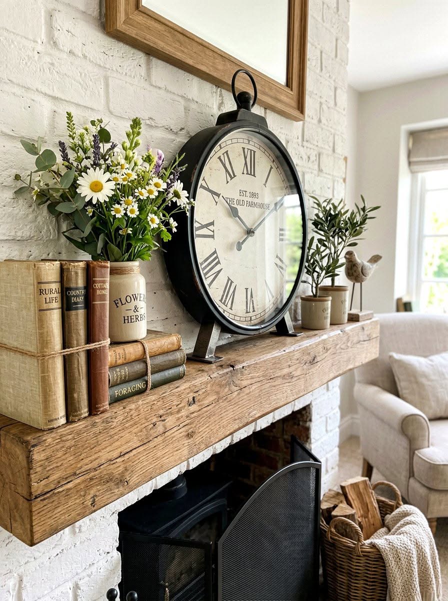 Rustic wood mantel with a jar of wildflowers, a large statement clock, leather-bound books tied with twine, pumpkins and a small olive tree