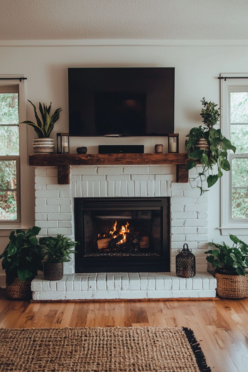Wall-mounted TV and soundbar above a white brick mantel styled simply with lanterns and trailing plants on both sides
